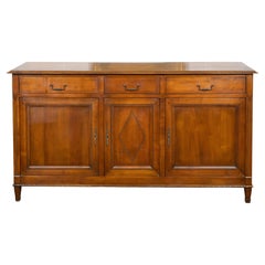 Retro French 1940s Walnut Enfilade with Drawers, Doors, Carved Beads and Diamond Motif