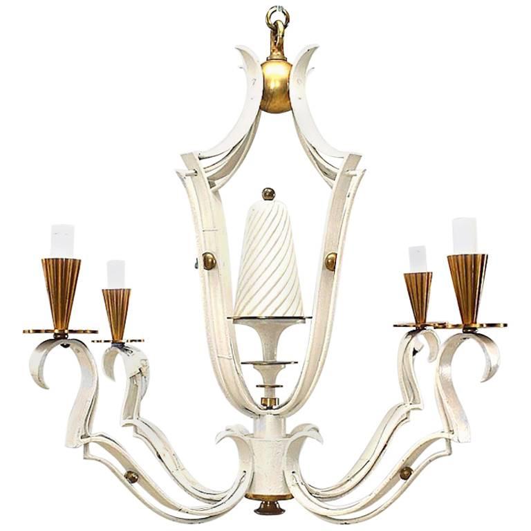 French Mid-Century White Painted Metal and Brass Chandelier For Sale
