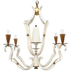 French Mid-Century White Painted Metal and Brass Chandelier