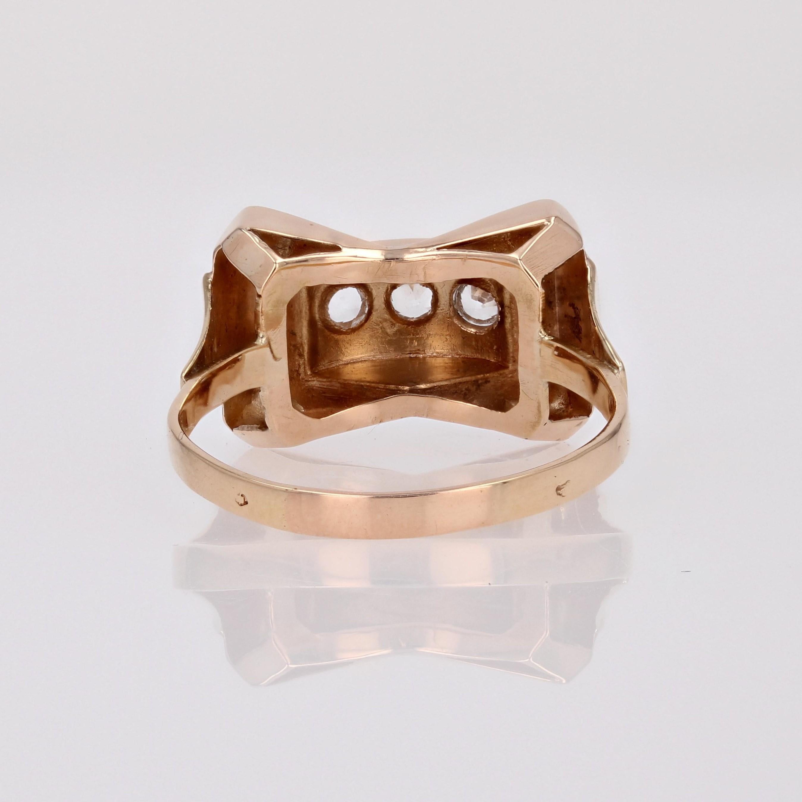 French 1940s White Sapphire 18 Karat Rose Gold Knot Tank Ring In Good Condition In Poitiers, FR