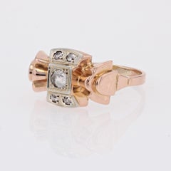 French 1940s White Sapphires 18 Karat Rose Gold Knot Tank Ring