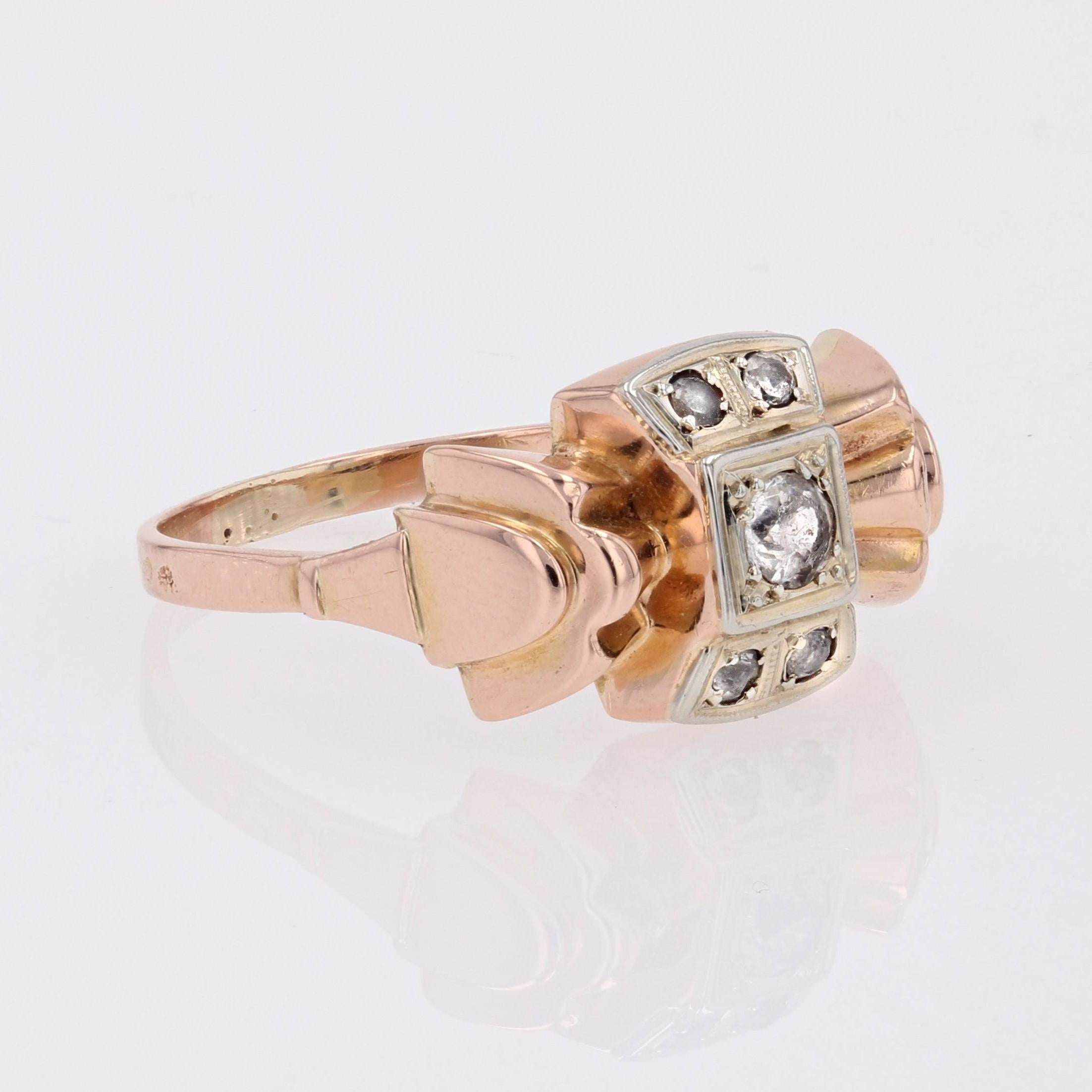 Retro French 1940s White Sapphires 18 Karat Rose Gold Knot Tank Ring For Sale