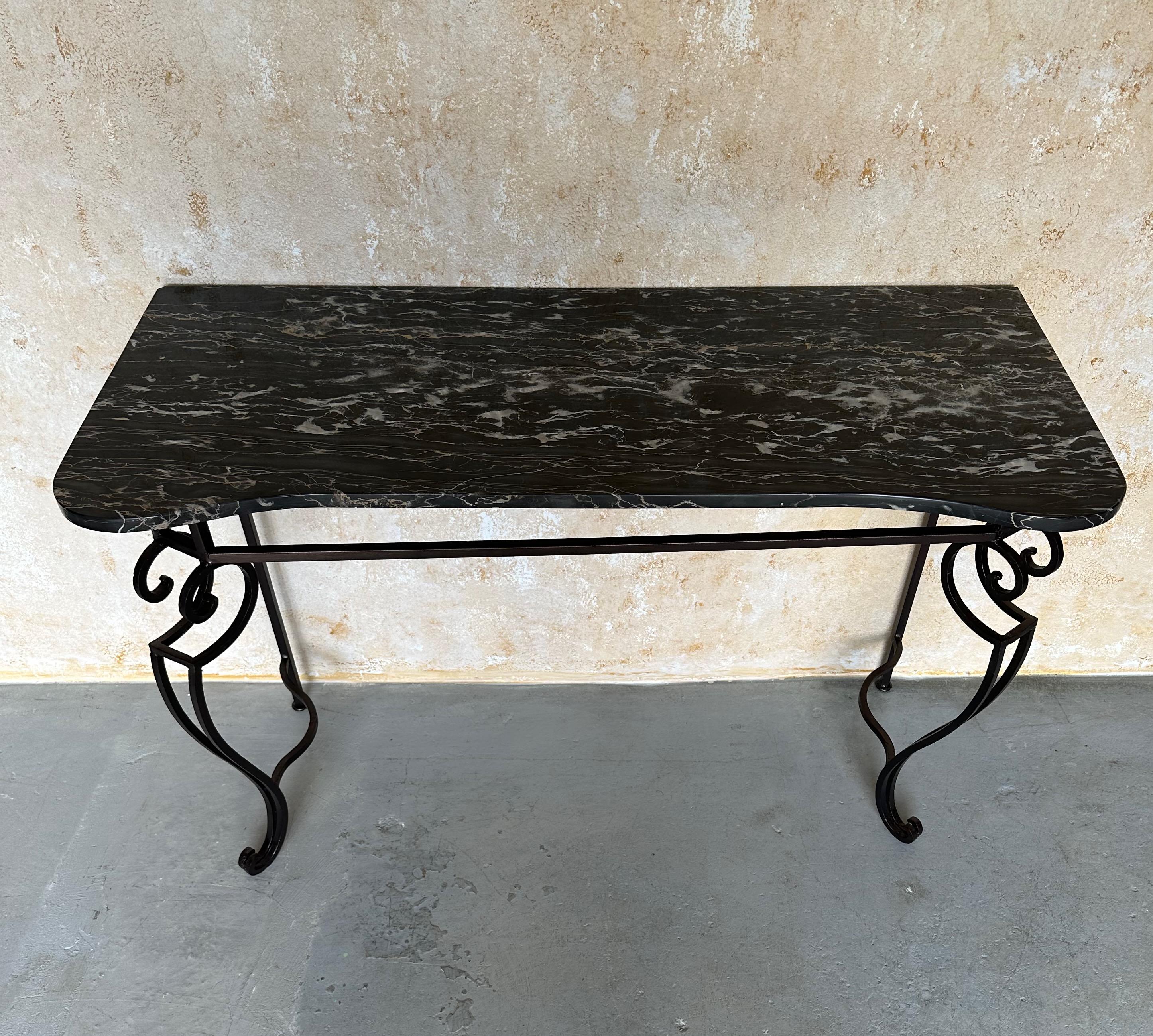 Français French 1940s Wrought Iron Console with Marble en vente