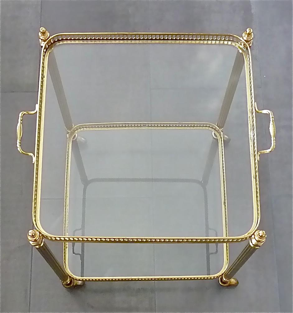 Patinated French 1950 Bar Cart Serving Trolley Side Table Maison Baguès Jansen Brass Glass