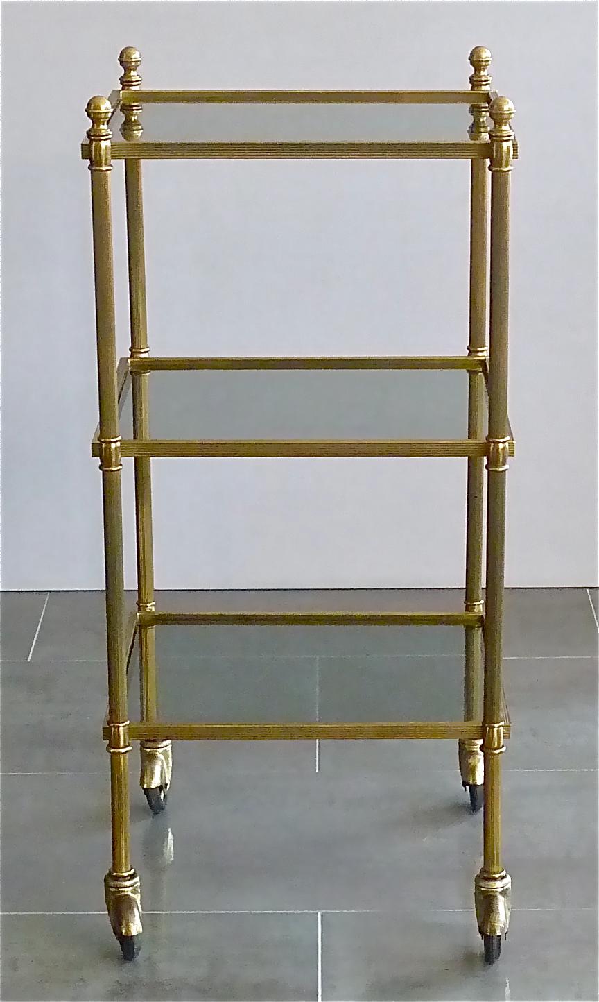 Patinated French 1950 Bar Cart Serving Trolley Side Table Maison Jansen Baguès Brass Glass For Sale