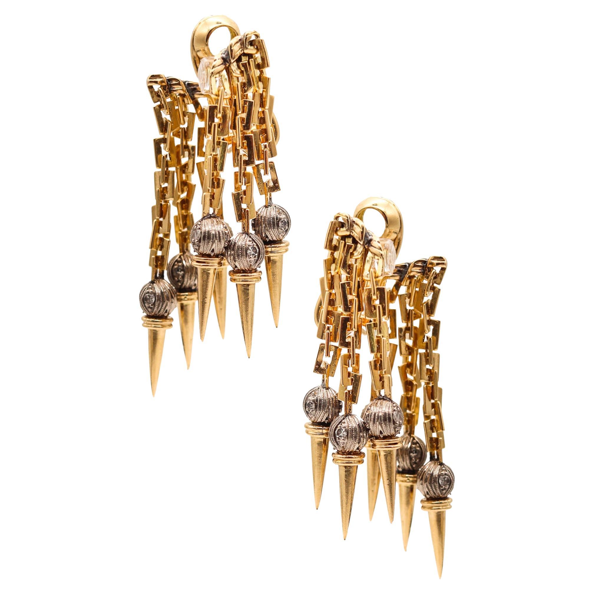 French 1950 Mid-Century Dangle Earrings in 18Kt Gold and Platinum with Diamonds