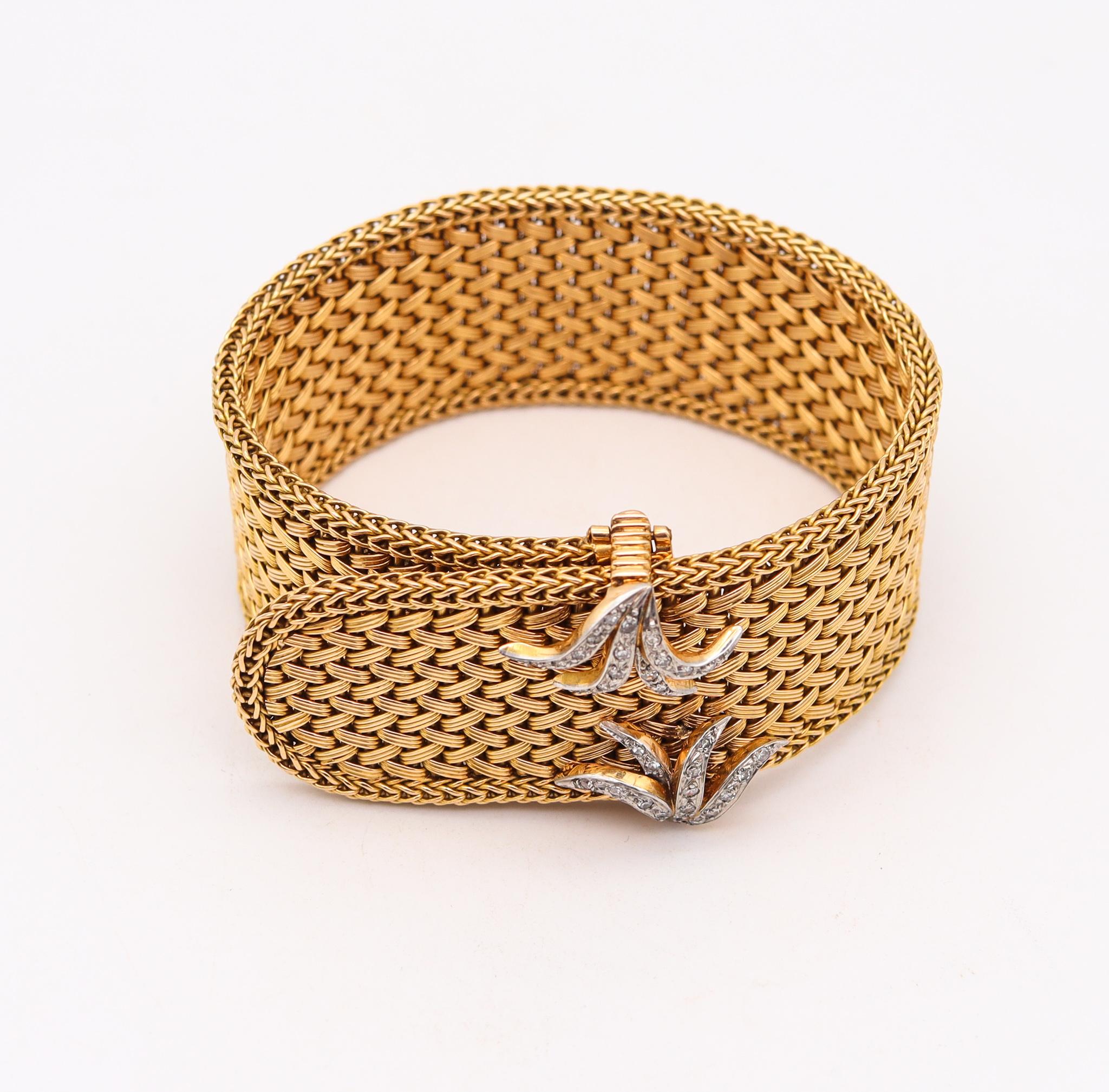 French Cut French 1950 Mid-Century Mesh Buckle Bracelet in 18Kt Gold with Diamonds Accents