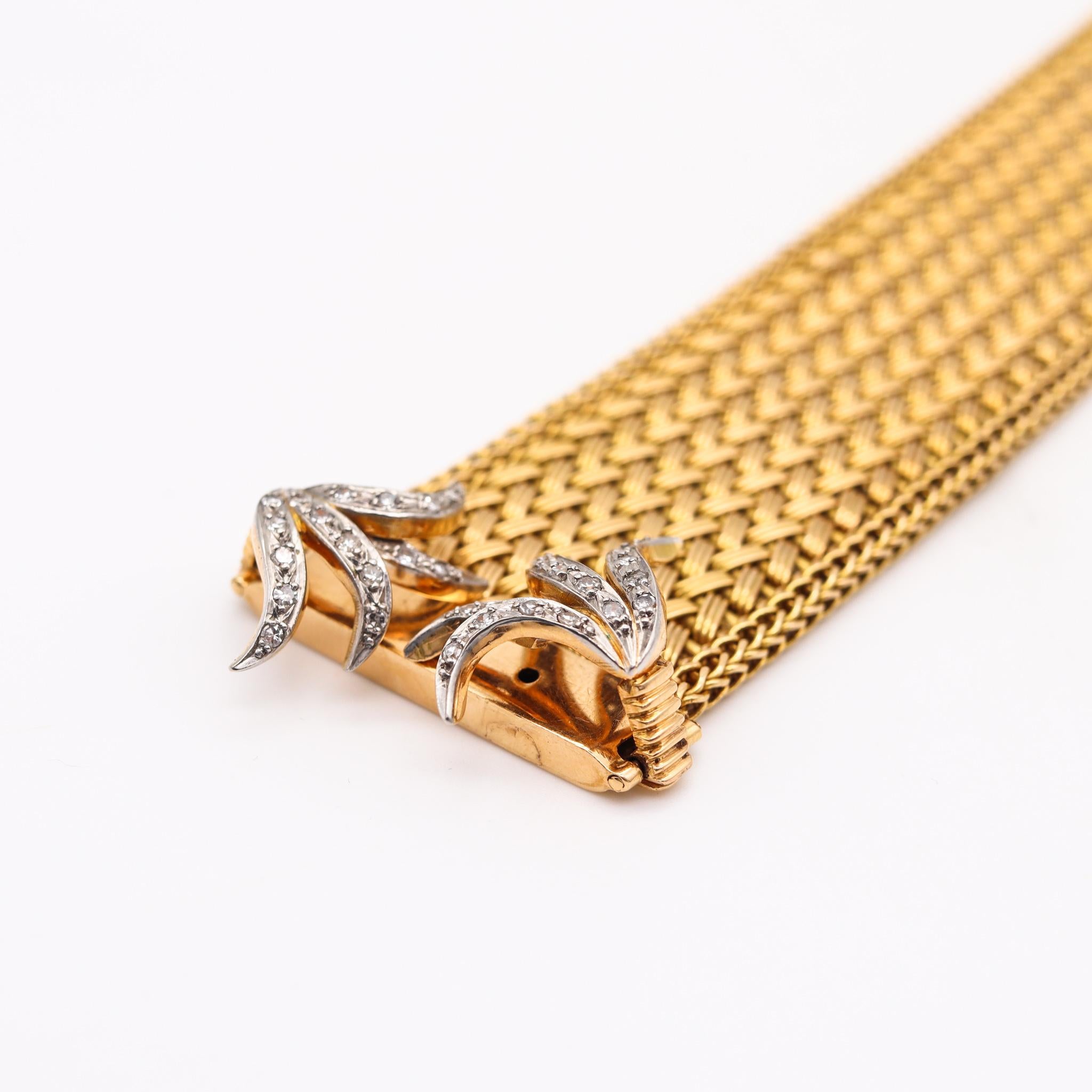 Women's French 1950 Mid-Century Mesh Buckle Bracelet in 18Kt Gold with Diamonds Accents