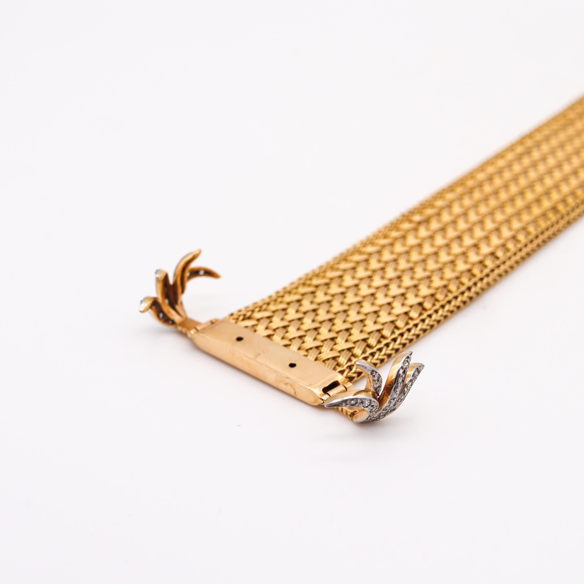 French 1950 Mid-Century Mesh Buckle Bracelet in 18Kt Gold with Diamonds Accents 1