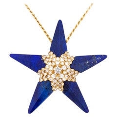 Vintage French 1950 Paris 18Kt Gold Star Pendant-Brooch 4.62 Cts Diamonds & Lapis Lazuli