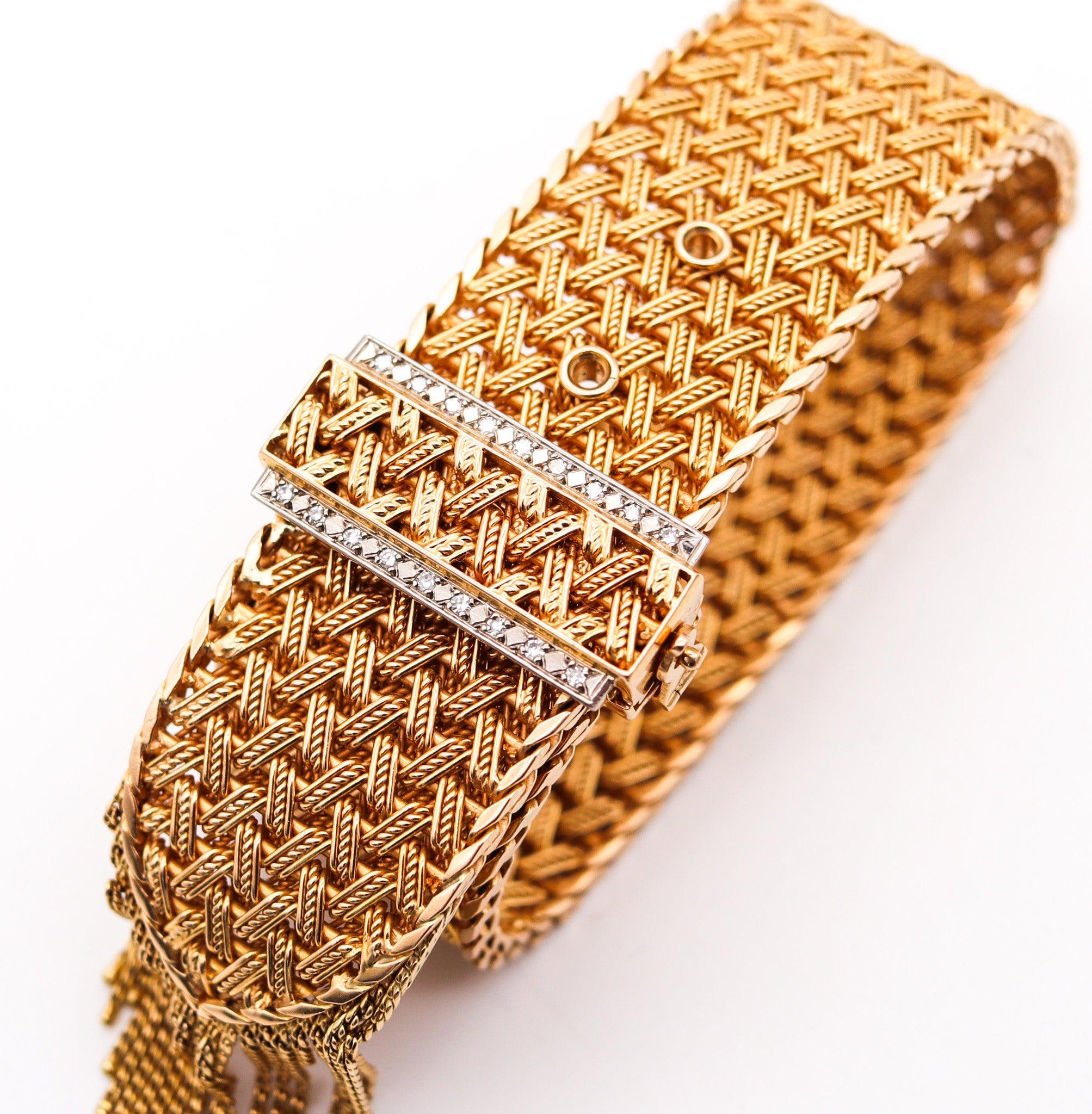 Old European Cut FRENCH 1950 Retro Modernist Buckle Bracelet In 18Kt Gold With Diamonds