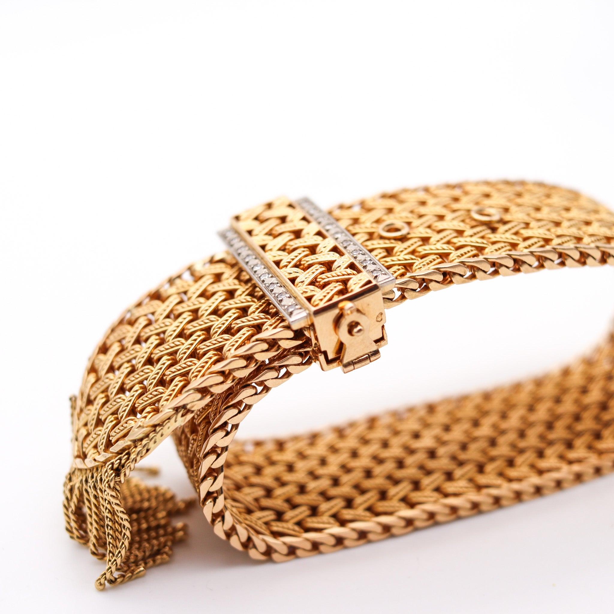 Women's FRENCH 1950 Retro Modernist Buckle Bracelet In 18Kt Gold With Diamonds