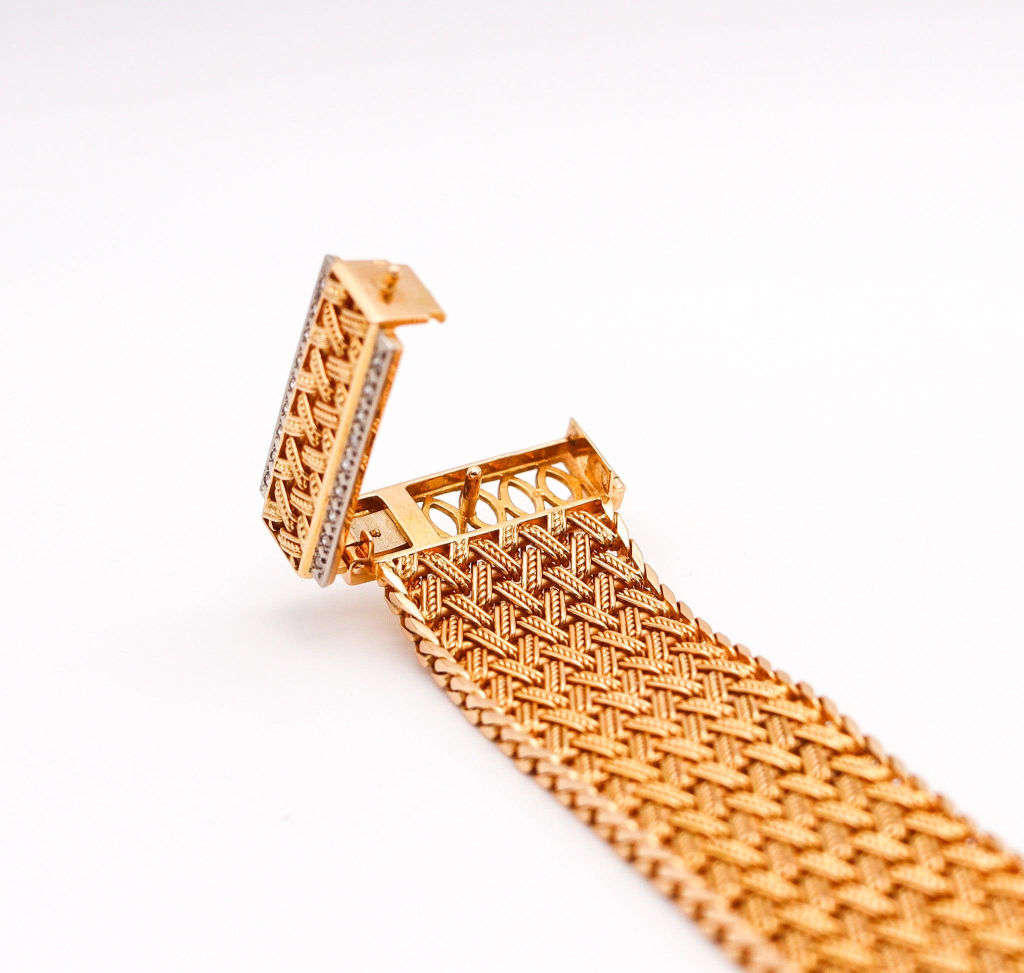 FRENCH 1950 Retro Modernist Buckle Bracelet In 18Kt Gold With Diamonds 1