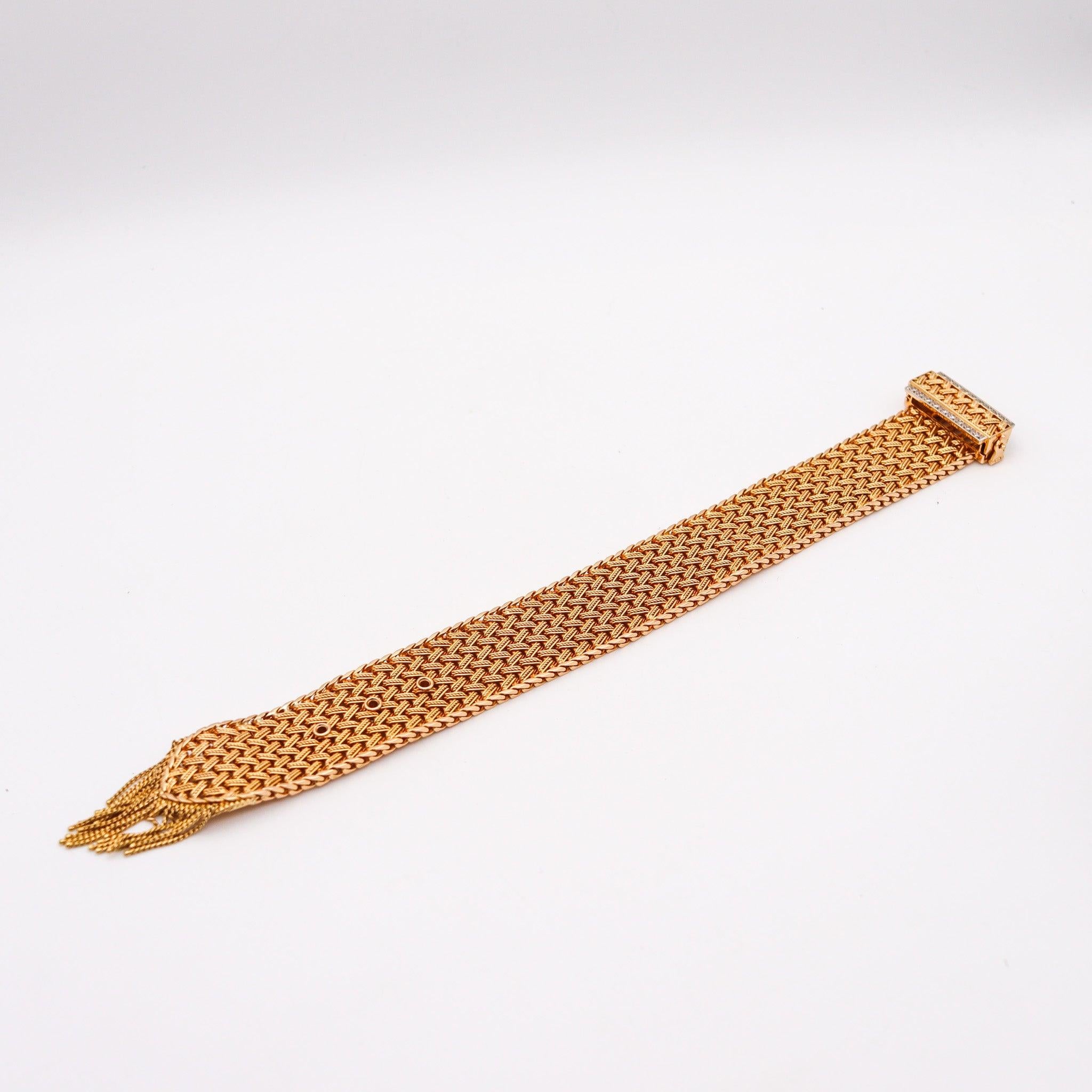 FRENCH 1950 Retro Modernist Buckle Bracelet In 18Kt Gold With Diamonds 2