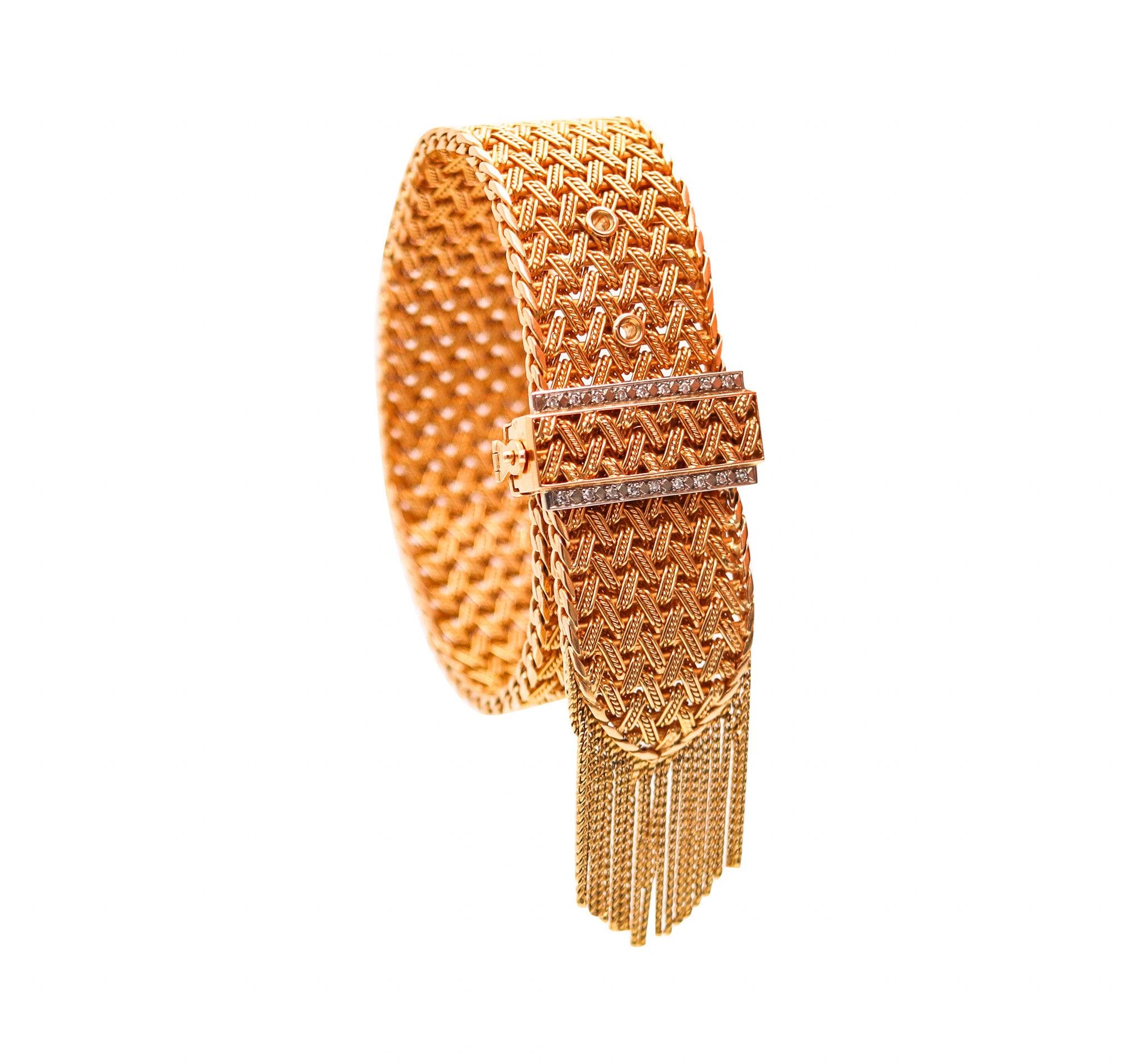 FRENCH 1950 Retro Modernist Buckle Bracelet In 18Kt Gold With Diamonds 3