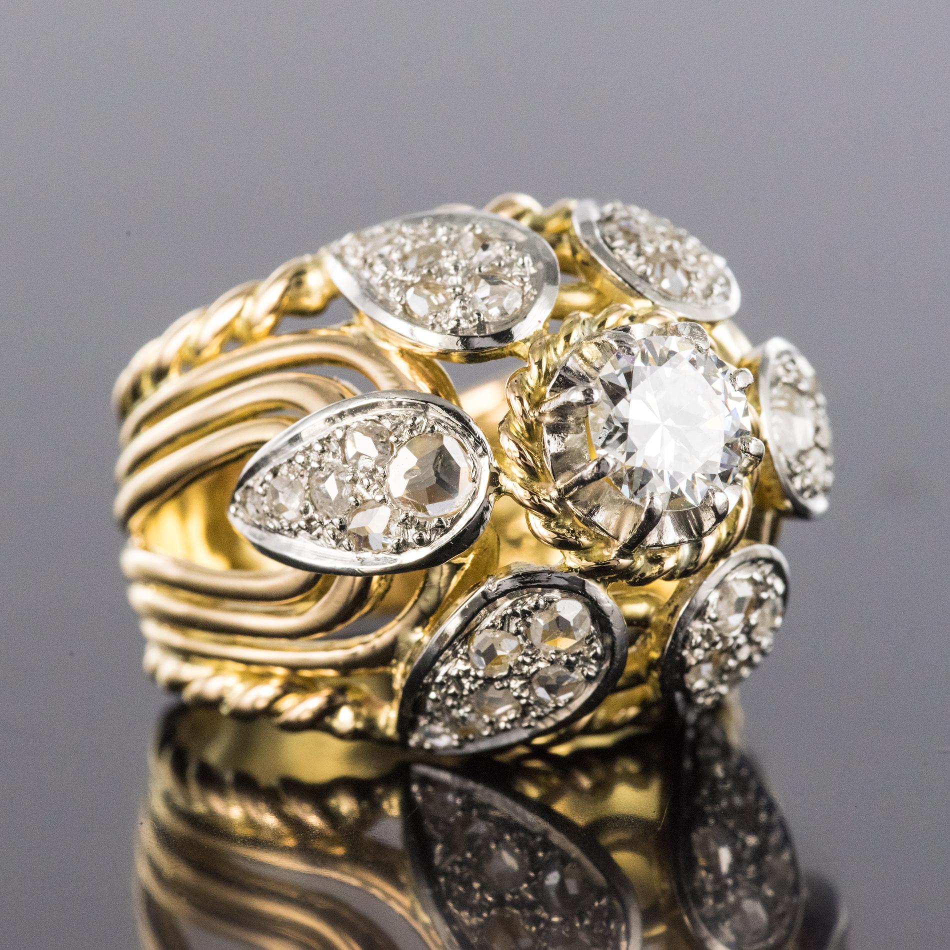 French 1950s 1.40 Carat Diamonds 18 Karat Yellow Gold Platinum Thread Dome Ring For Sale 5