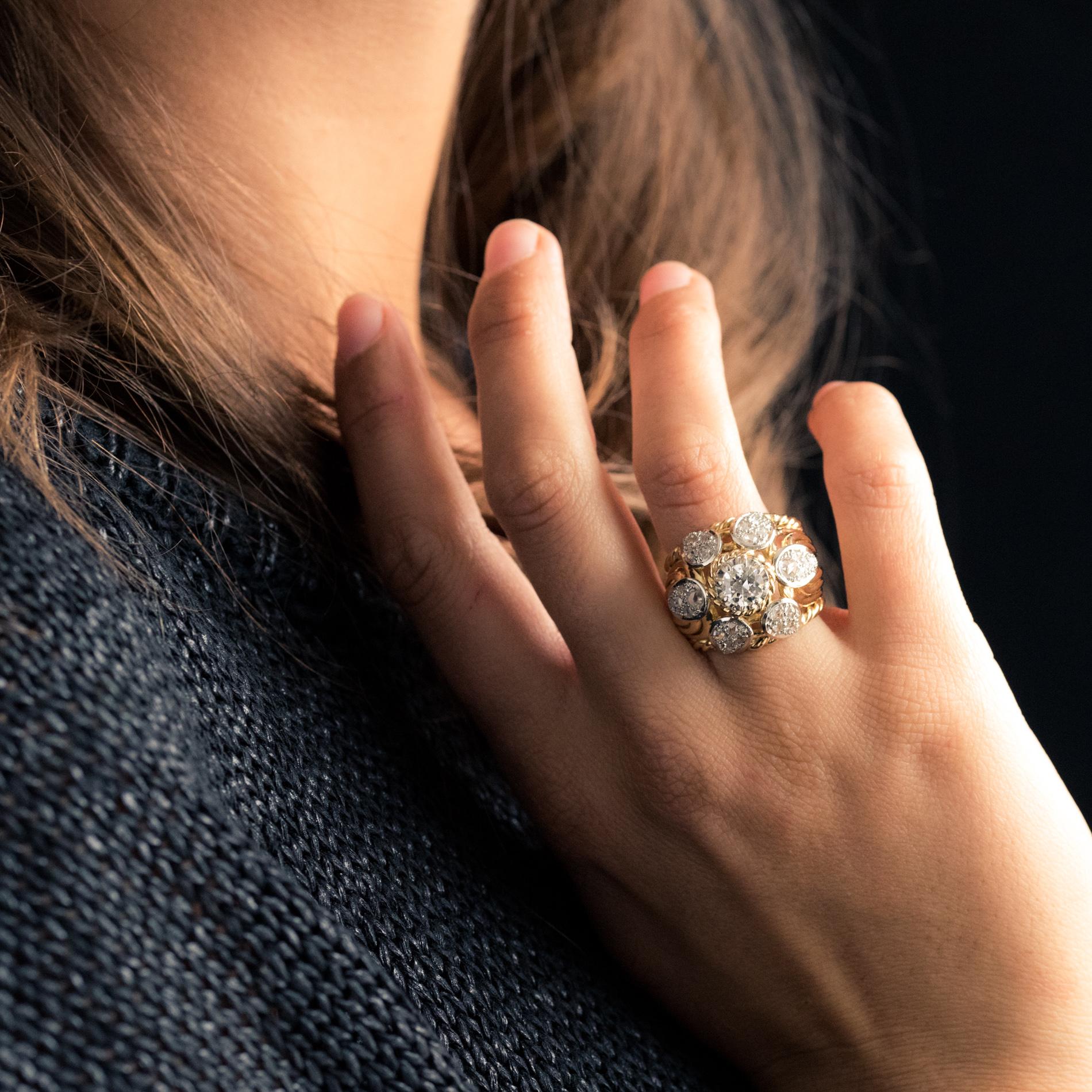 French 1950s 1.40 Carat Diamonds 18 Karat Yellow Gold Platinum Thread Dome Ring For Sale 7