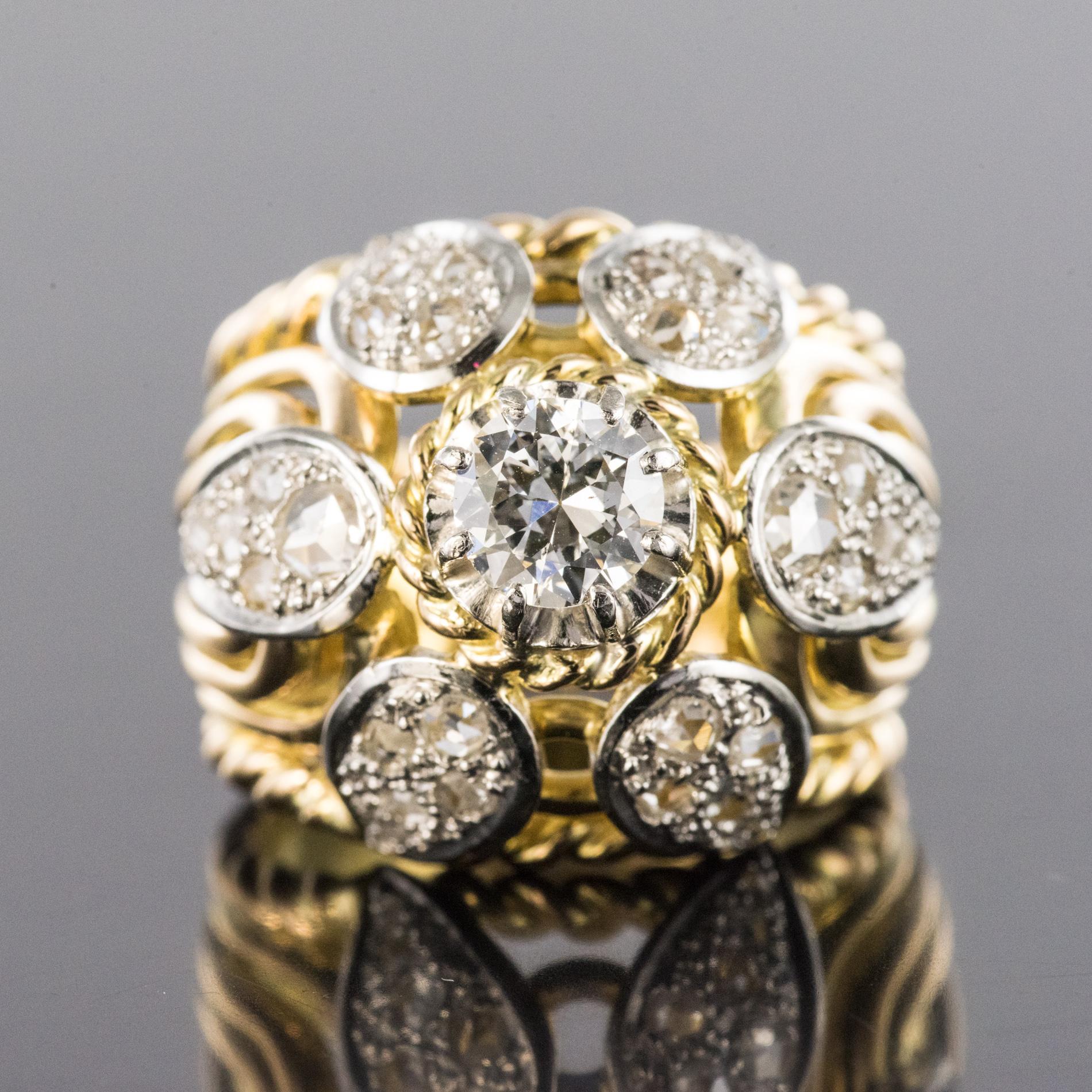 French 1950s 1.40 Carat Diamonds 18 Karat Yellow Gold Platinum Thread Dome Ring For Sale 8