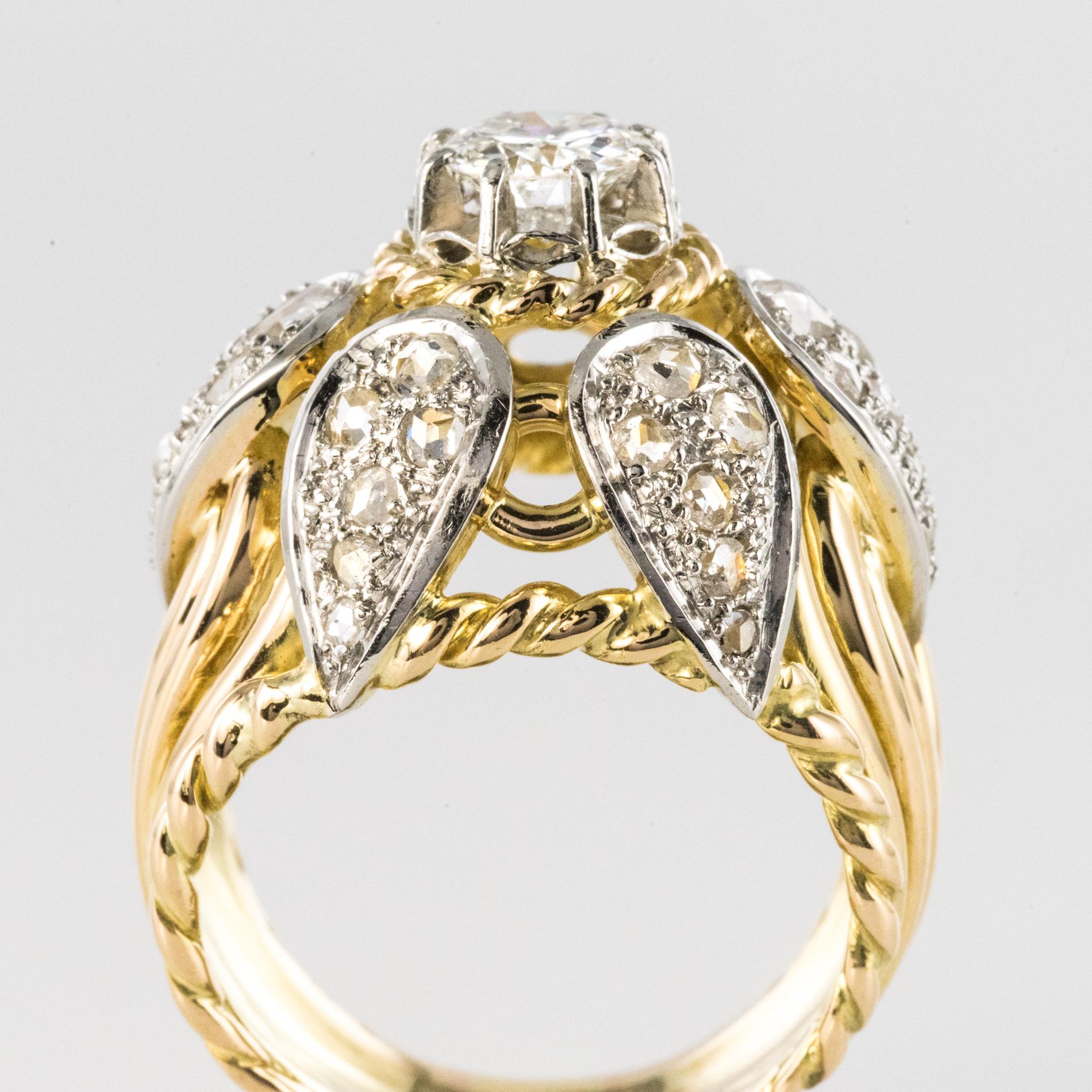 French 1950s 1.40 Carat Diamonds 18 Karat Yellow Gold Platinum Thread Dome Ring For Sale 11