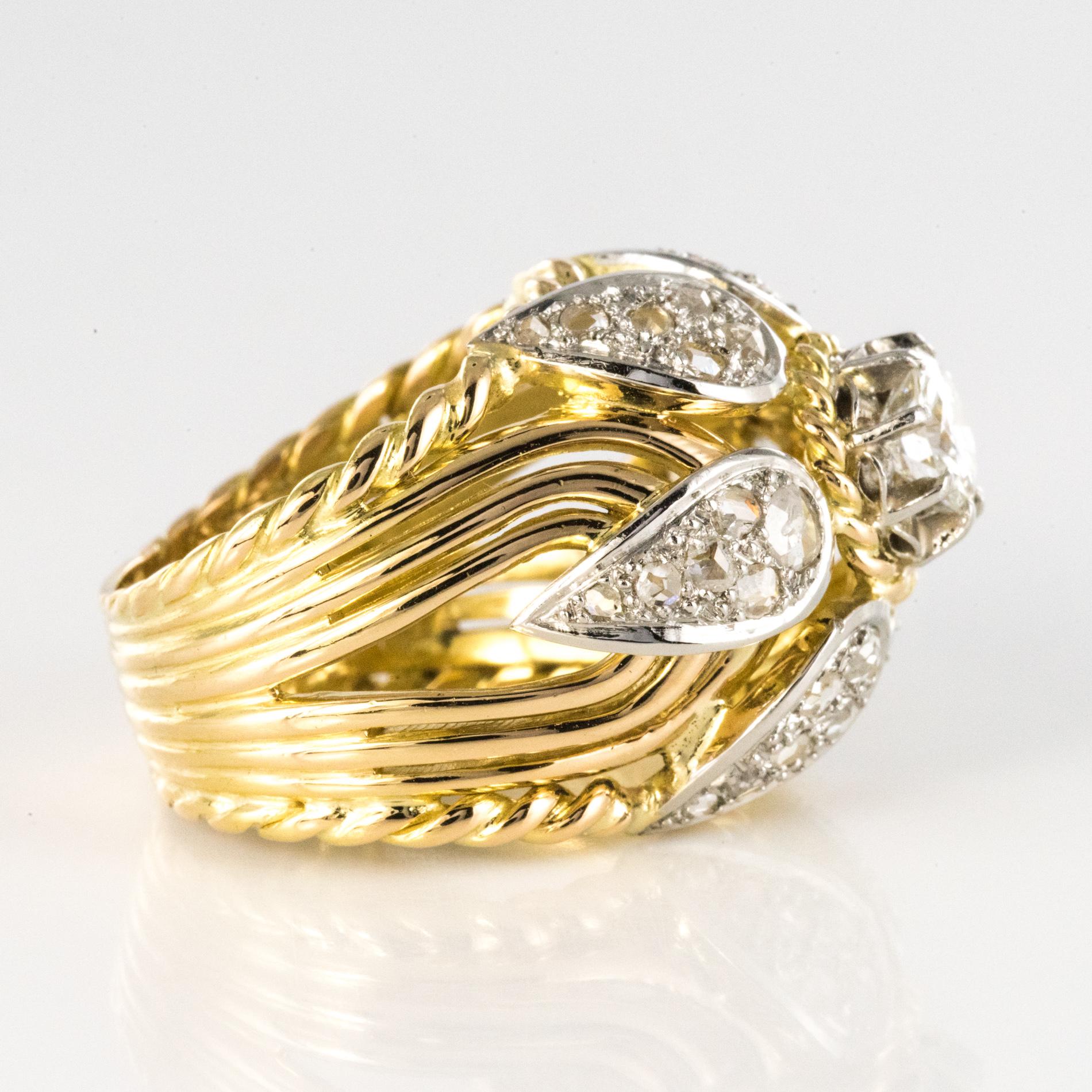 French 1950s 1.40 Carat Diamonds 18 Karat Yellow Gold Platinum Thread Dome Ring For Sale 12