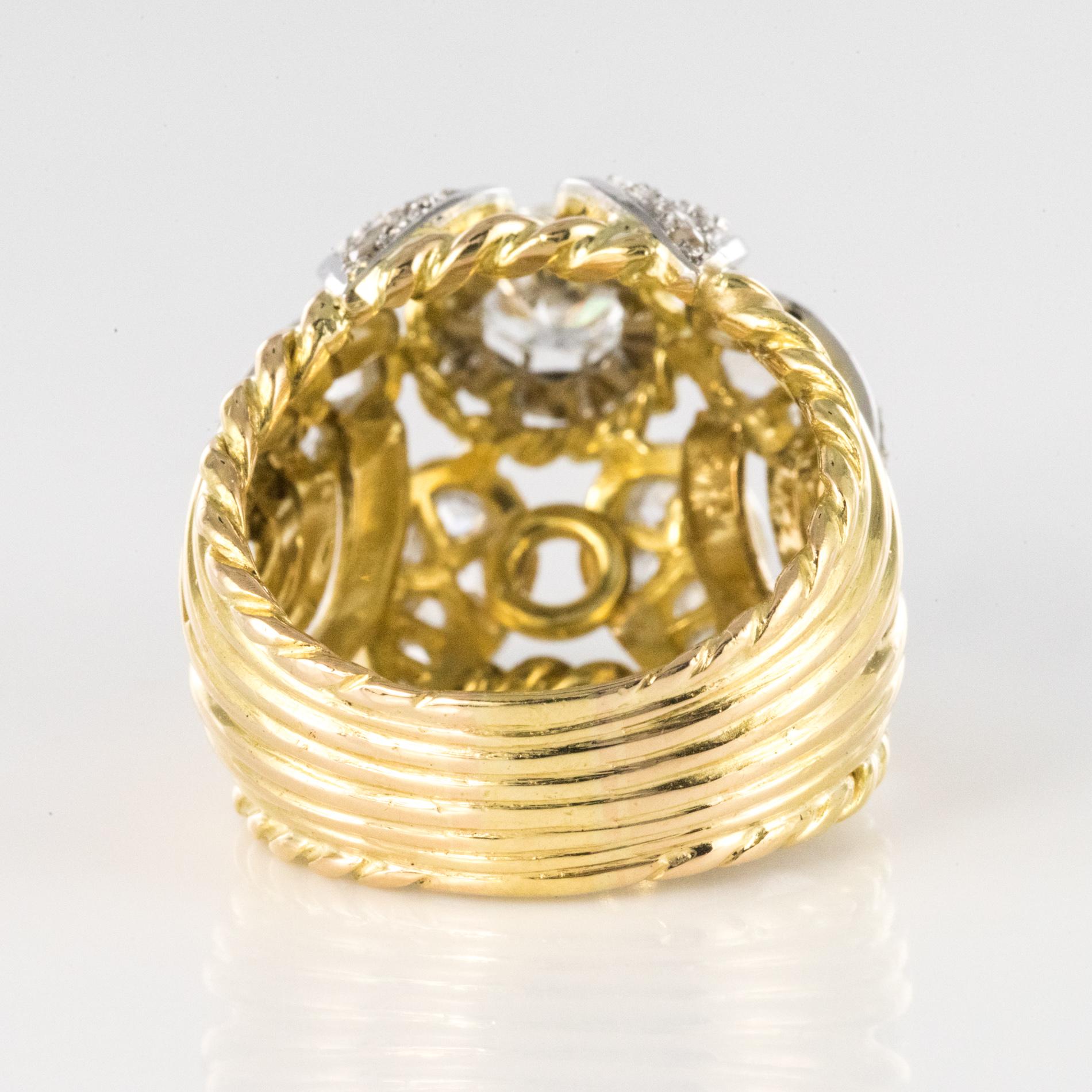 French 1950s 1.40 Carat Diamonds 18 Karat Yellow Gold Platinum Thread Dome Ring For Sale 13