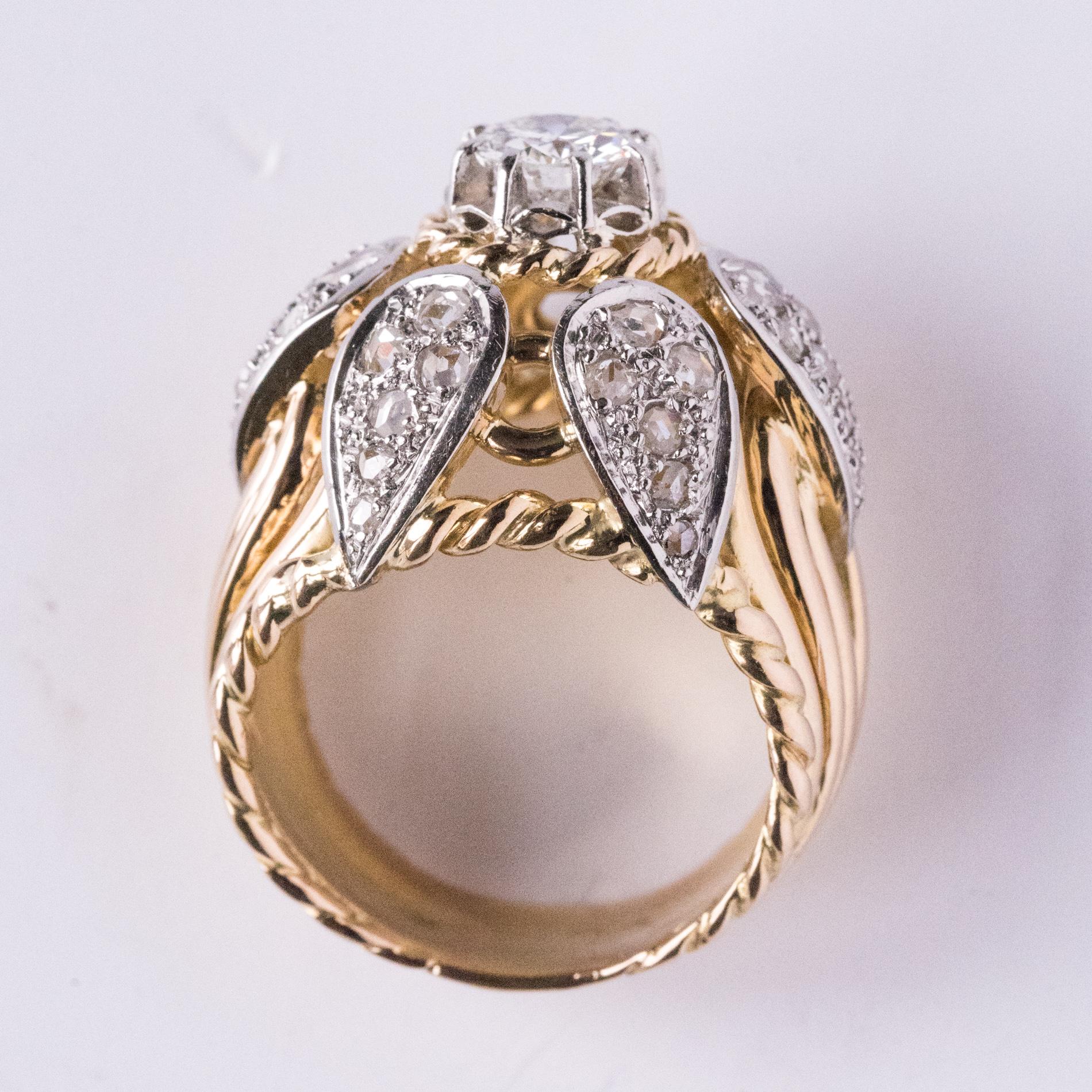 French 1950s 1.40 Carat Diamonds 18 Karat Yellow Gold Platinum Thread Dome Ring For Sale 14