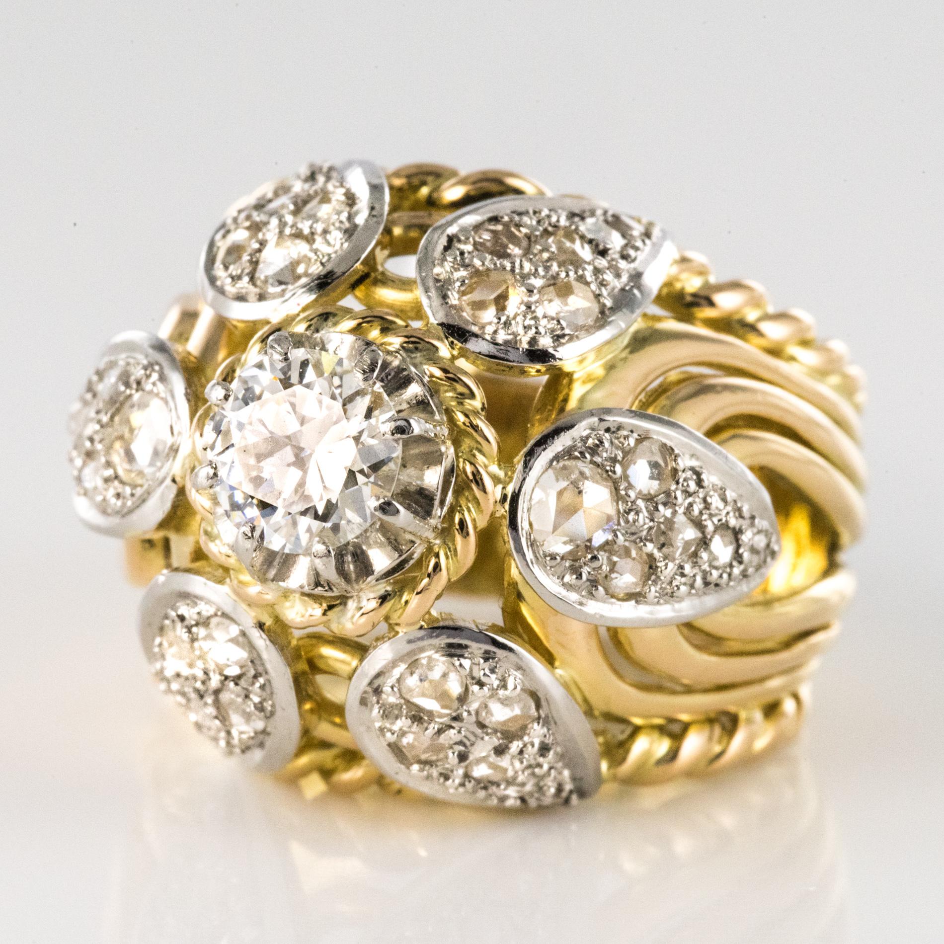 Brilliant Cut French 1950s 1.40 Carat Diamonds 18 Karat Yellow Gold Platinum Thread Dome Ring For Sale