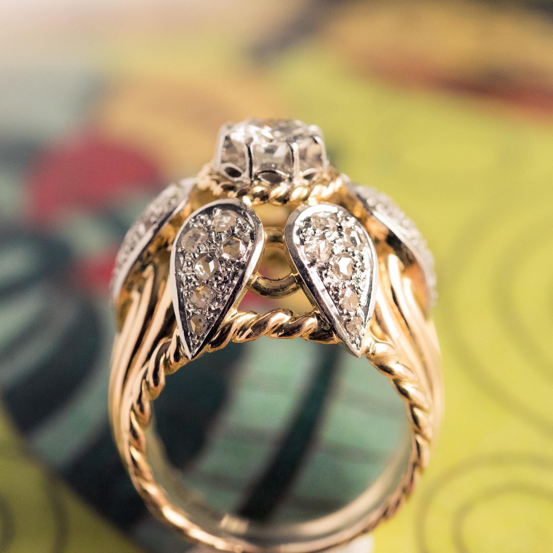 Women's French 1950s 1.40 Carat Diamonds 18 Karat Yellow Gold Platinum Thread Dome Ring For Sale