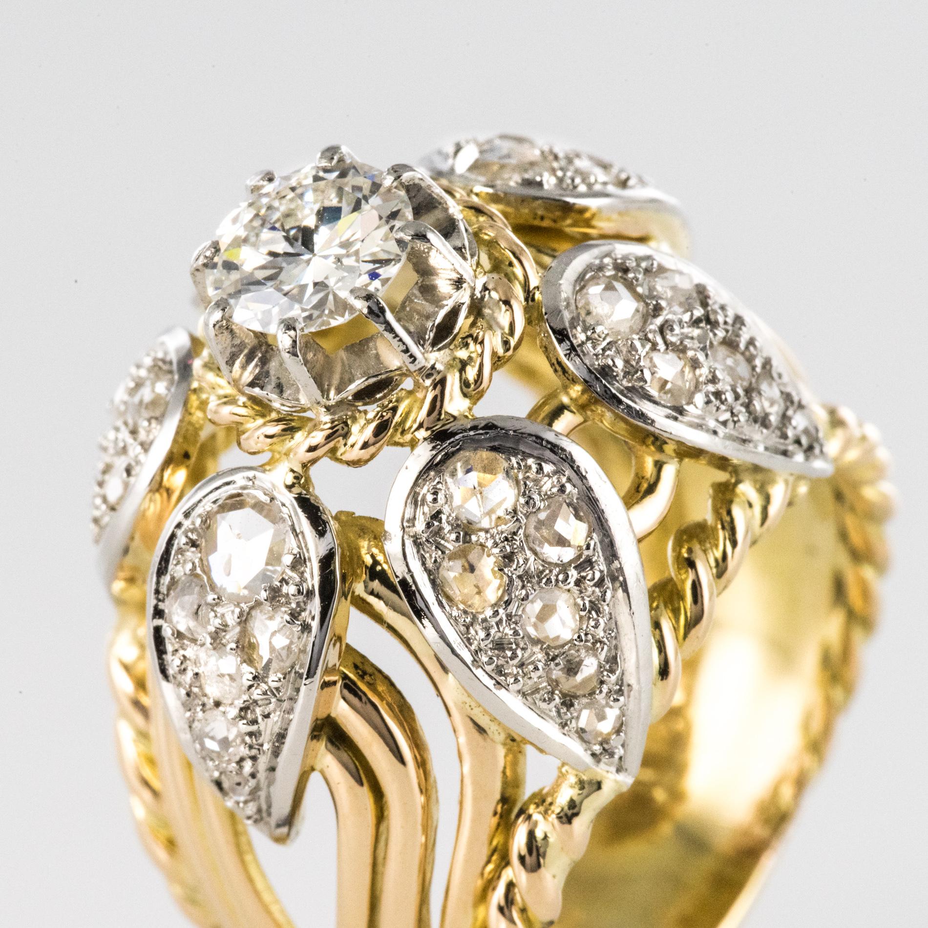 French 1950s 1.40 Carat Diamonds 18 Karat Yellow Gold Platinum Thread Dome Ring For Sale 2