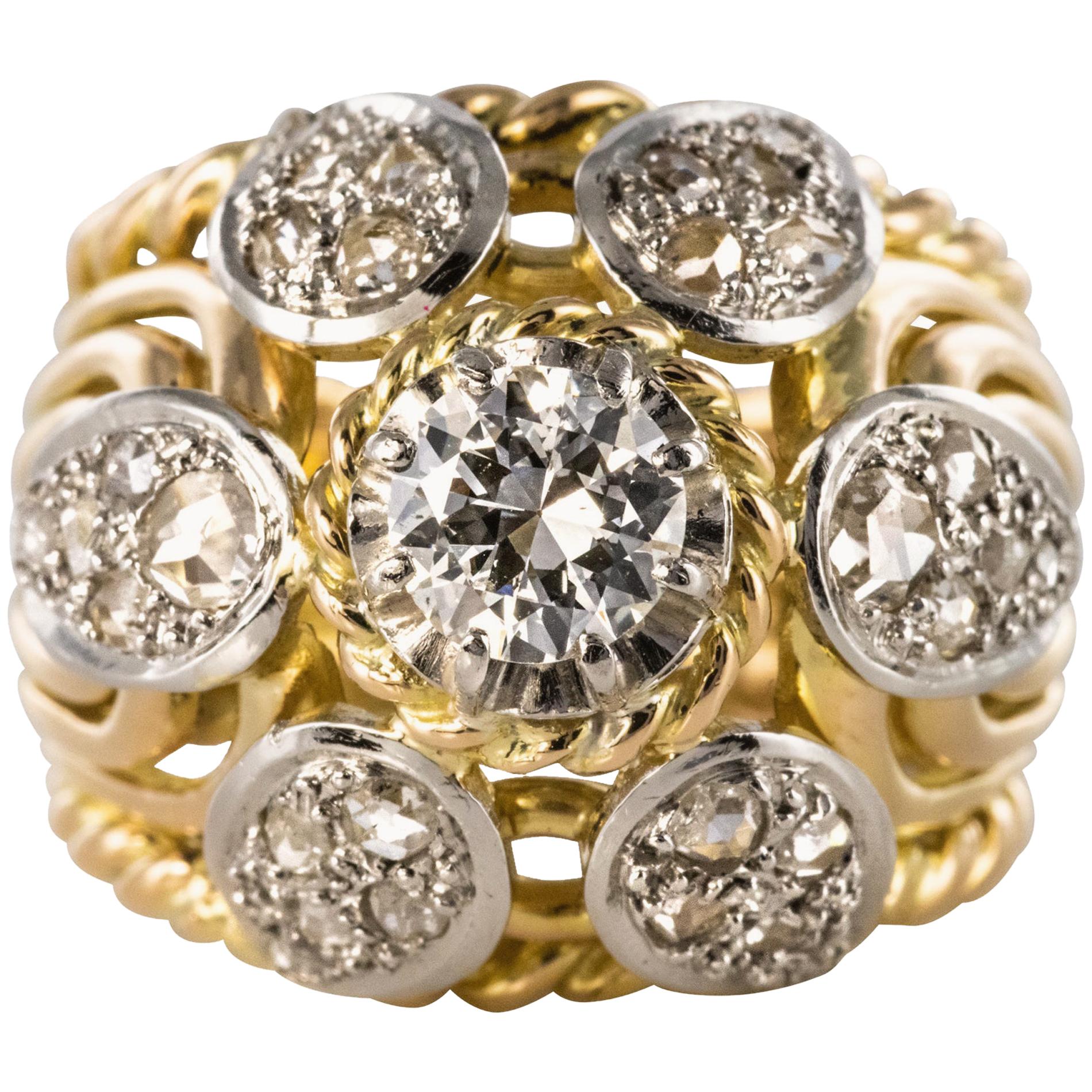 French 1950s 1.40 Carat Diamonds 18 Karat Yellow Gold Platinum Thread Dome Ring For Sale