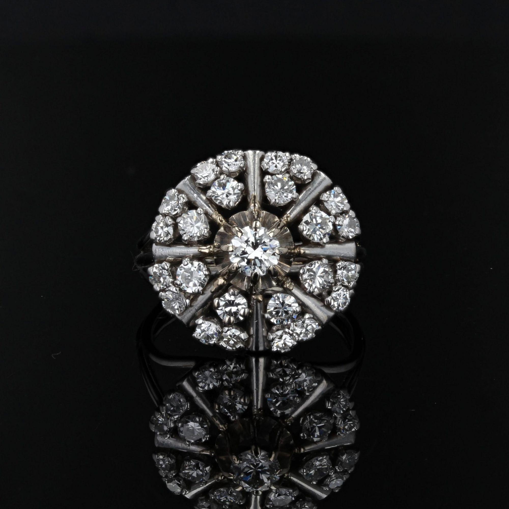 Brilliant Cut French 1950s 1, 20 Carat Diamonds 18 Karat White Gold Retro Ring