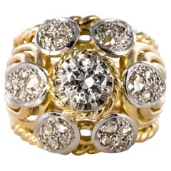 French 1950s 1.40 Carat Diamonds 18 Karat Yellow Gold Platinum Thread Dome Ring