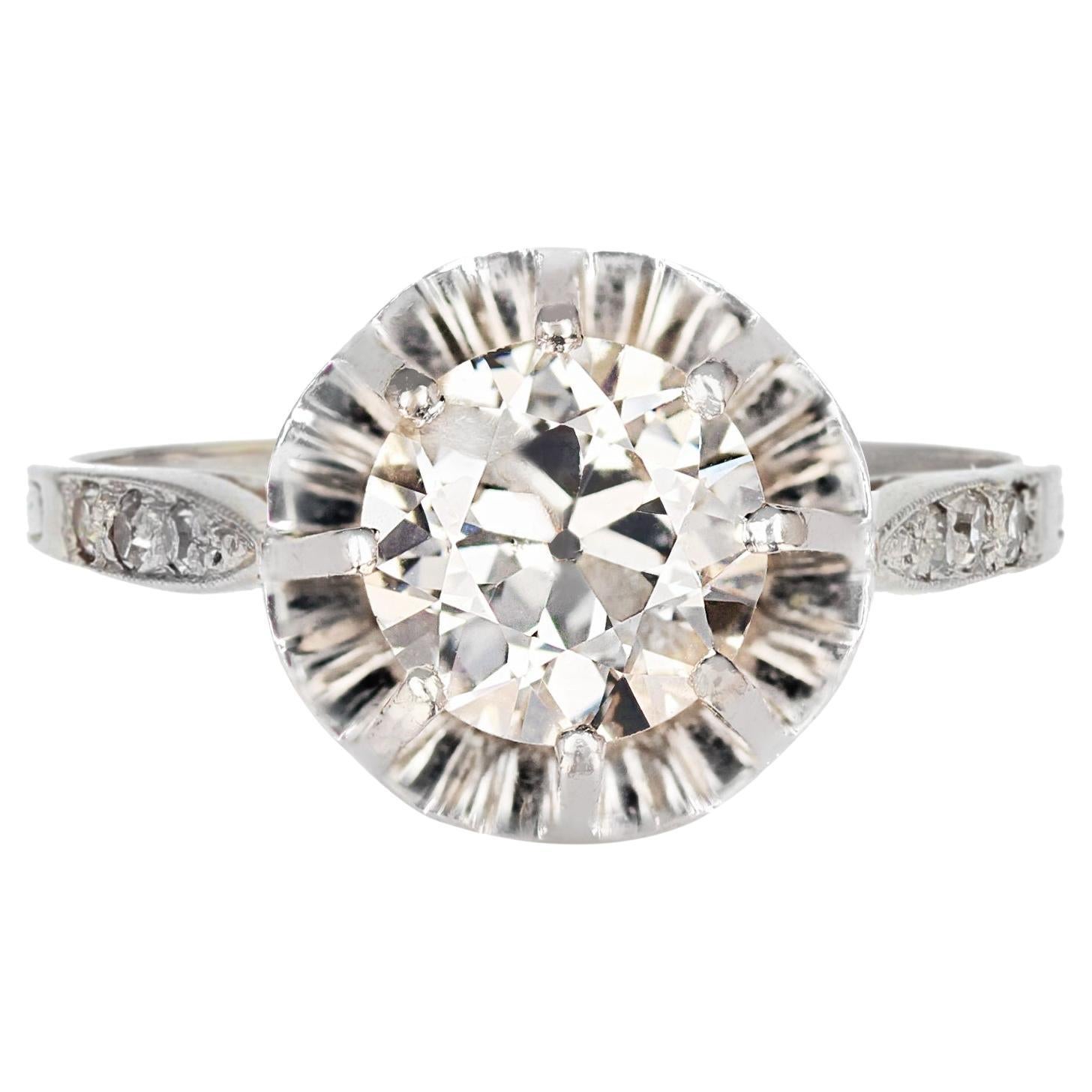 French 1950s 1.50 Carat Diamond Platinum Solitaire Ring For Sale