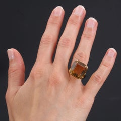 French 1950s 18 Carat Citrine 18 Karat Yellow Gold Cocktail Ring