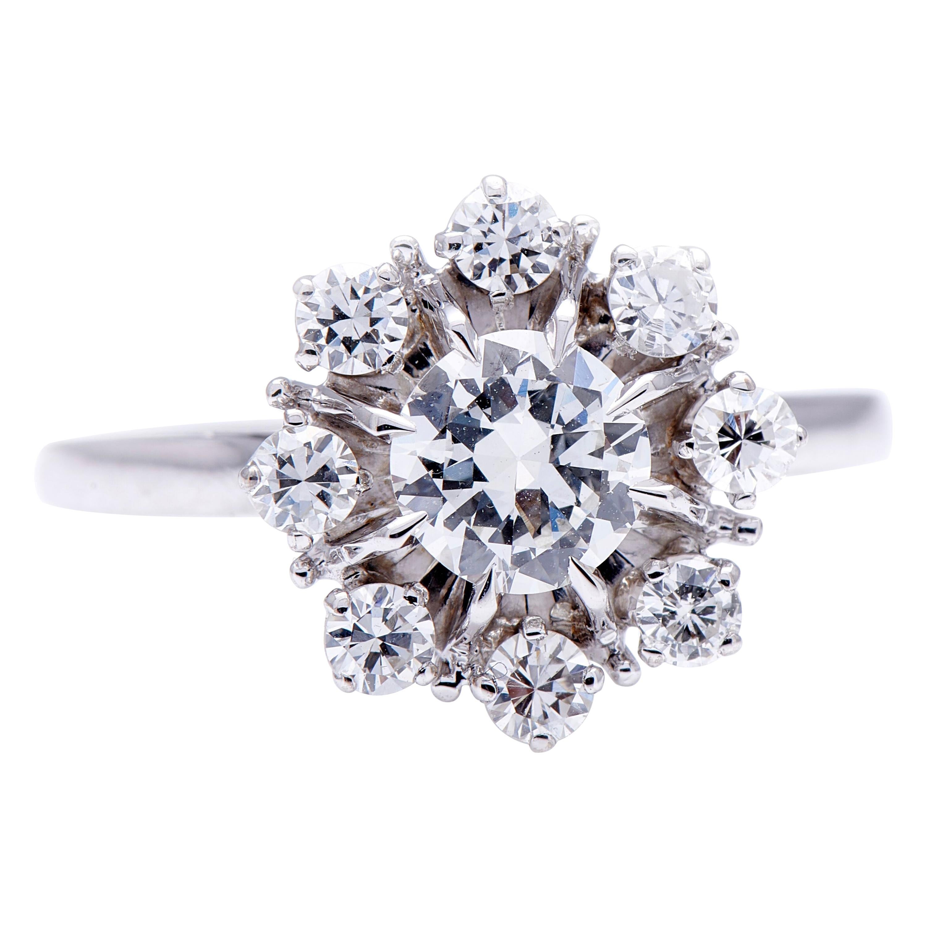 French, 1950s, 18 Carat White Gold, Diamond Cluster Engagement Ring