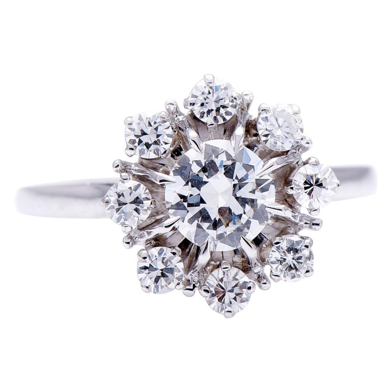 French, 1950s, 18 Carat White Gold, Diamond Cluster Engagement Ring at  1stDibs