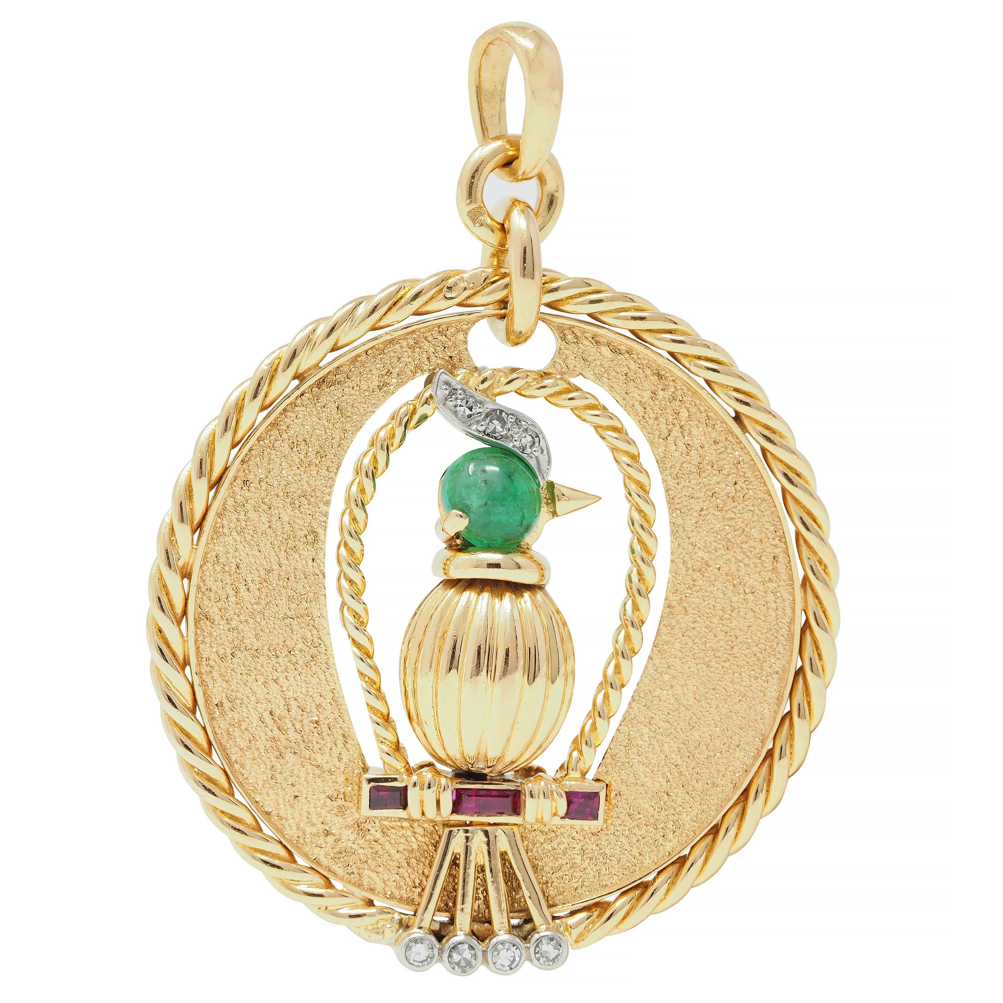 Cabochon French 1950's 18 Karat Gold Platinum Emerald Diamond Ruby Bird Pendant Charm For Sale