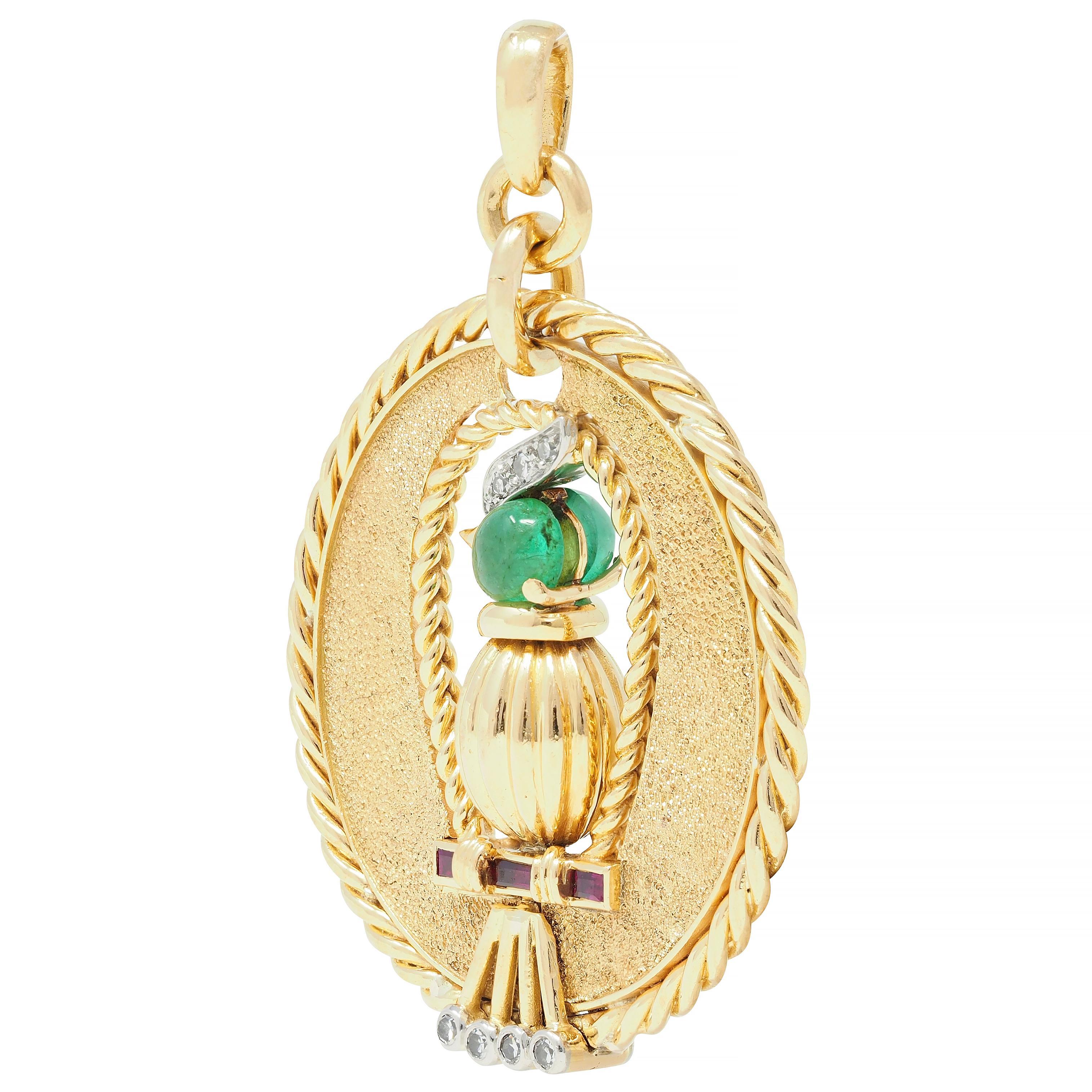 Französisch 1950's 18 Karat Gold Platin Smaragd Diamant Rubin Vogel Anhänger Charme im Zustand „Hervorragend“ im Angebot in Philadelphia, PA