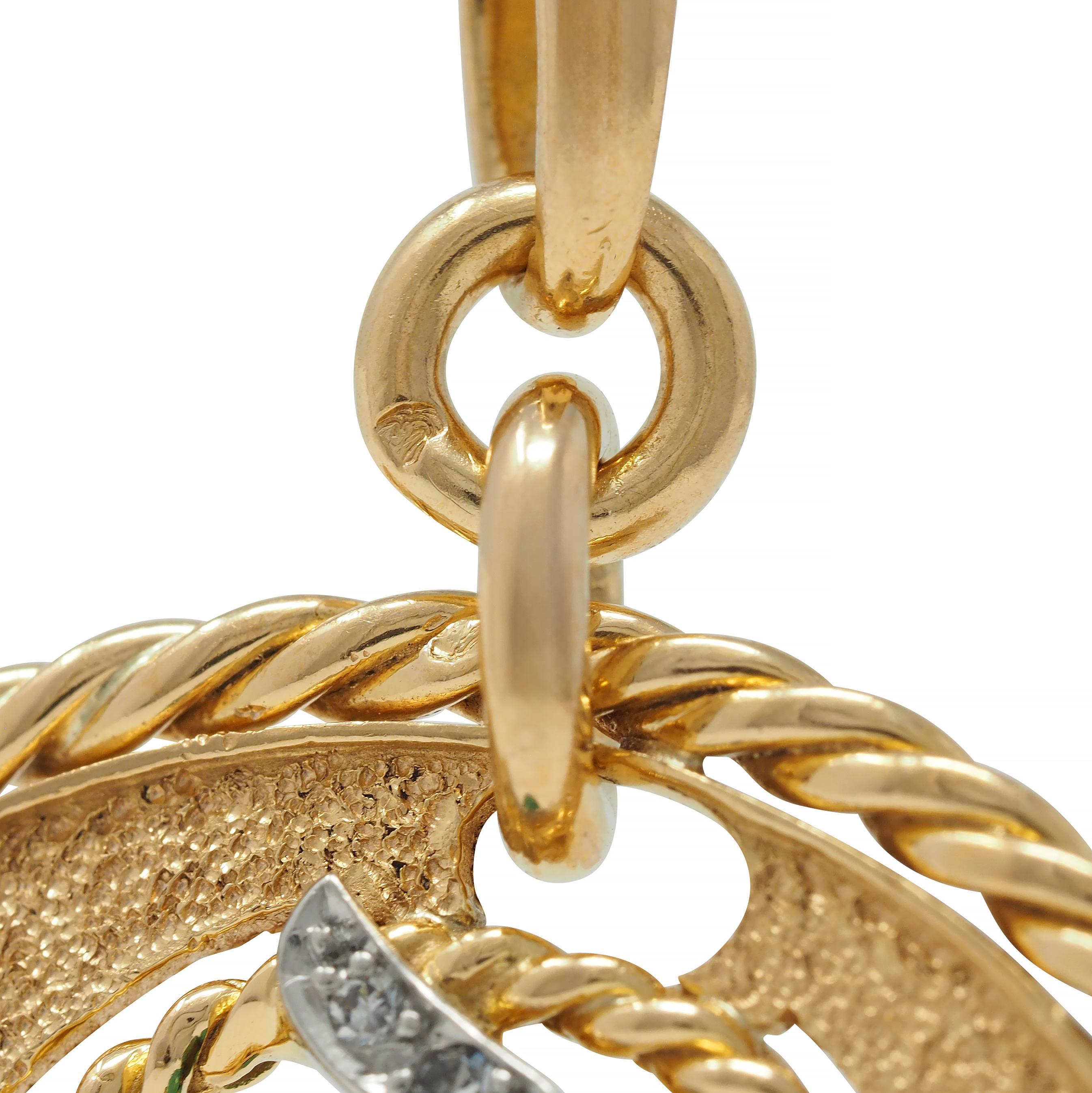 French 1950's 18 Karat Gold Platinum Emerald Diamond Ruby Bird Pendant Charm For Sale 1
