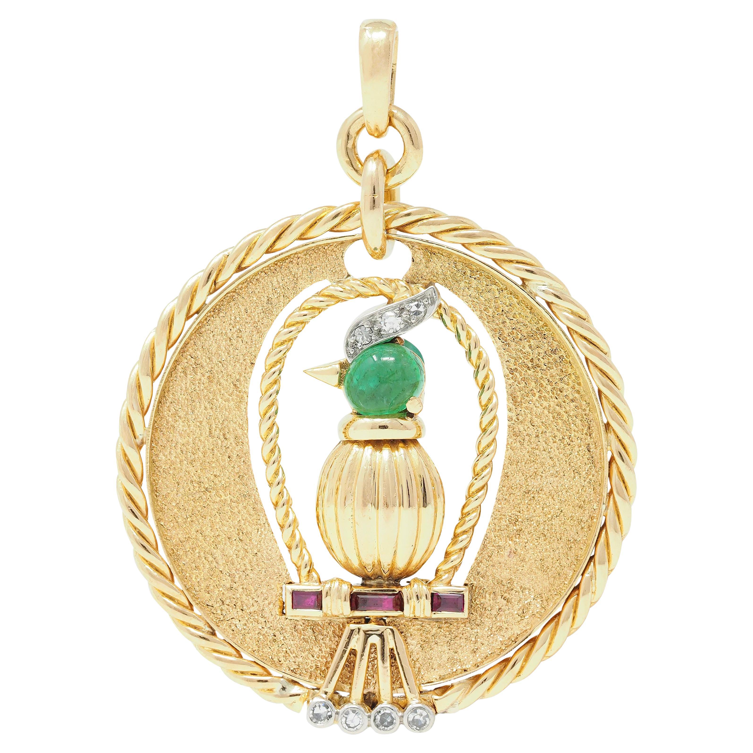 French 1950's 18 Karat Gold Platinum Emerald Diamond Ruby Bird Pendant Charm For Sale