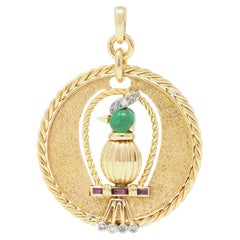 French 1950's 18 Karat Gold Platinum Emerald Diamond Ruby Bird Pendant Charm