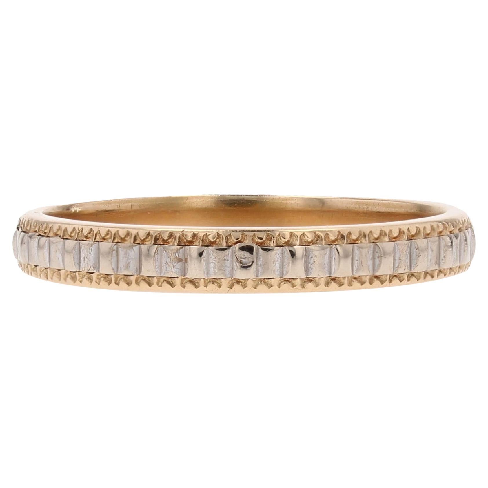 French 1950s 18 Karat Rose and White Chiseled Gold Wedding Band Ring