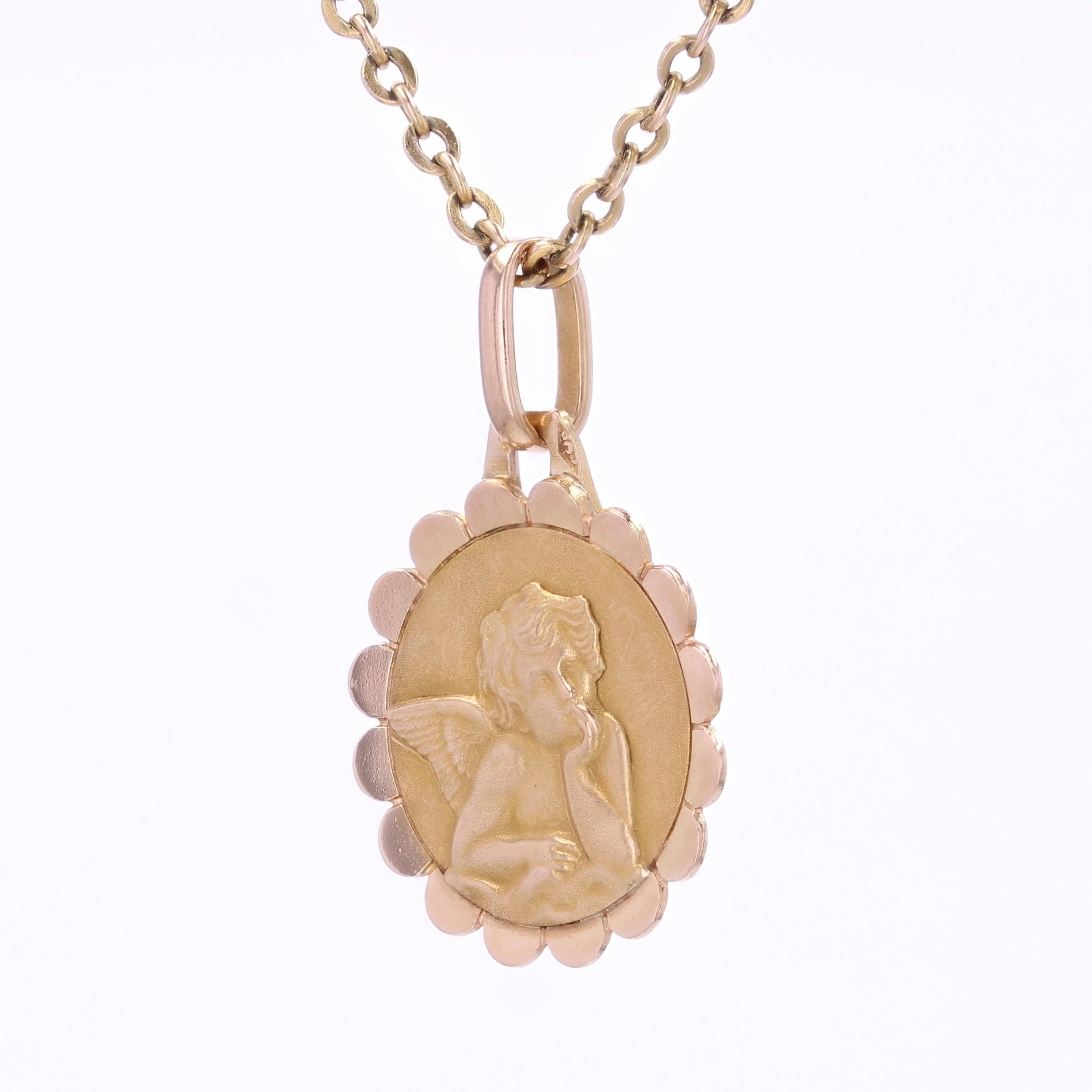 Women's or Men's French 1950s 18 Karat Rose Gold Cherub Medal Pendant For Sale