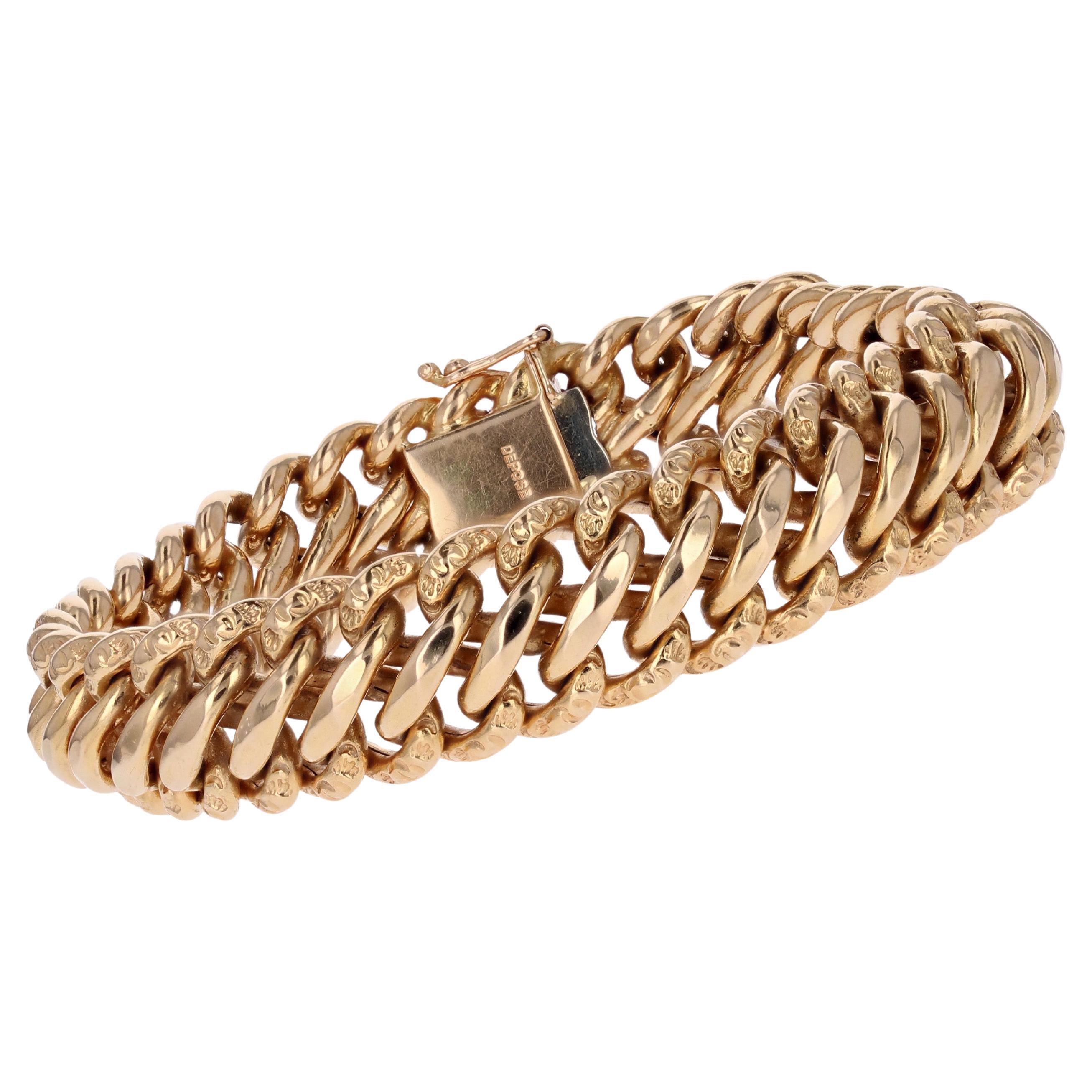 French 1950s 18 Karat Rose Gold Chiseled American Mesh Curb Bracelet For Sale