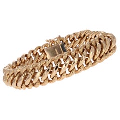 Vintage French 1950s 18 Karat Rose Gold Chiseled American Mesh Curb Bracelet