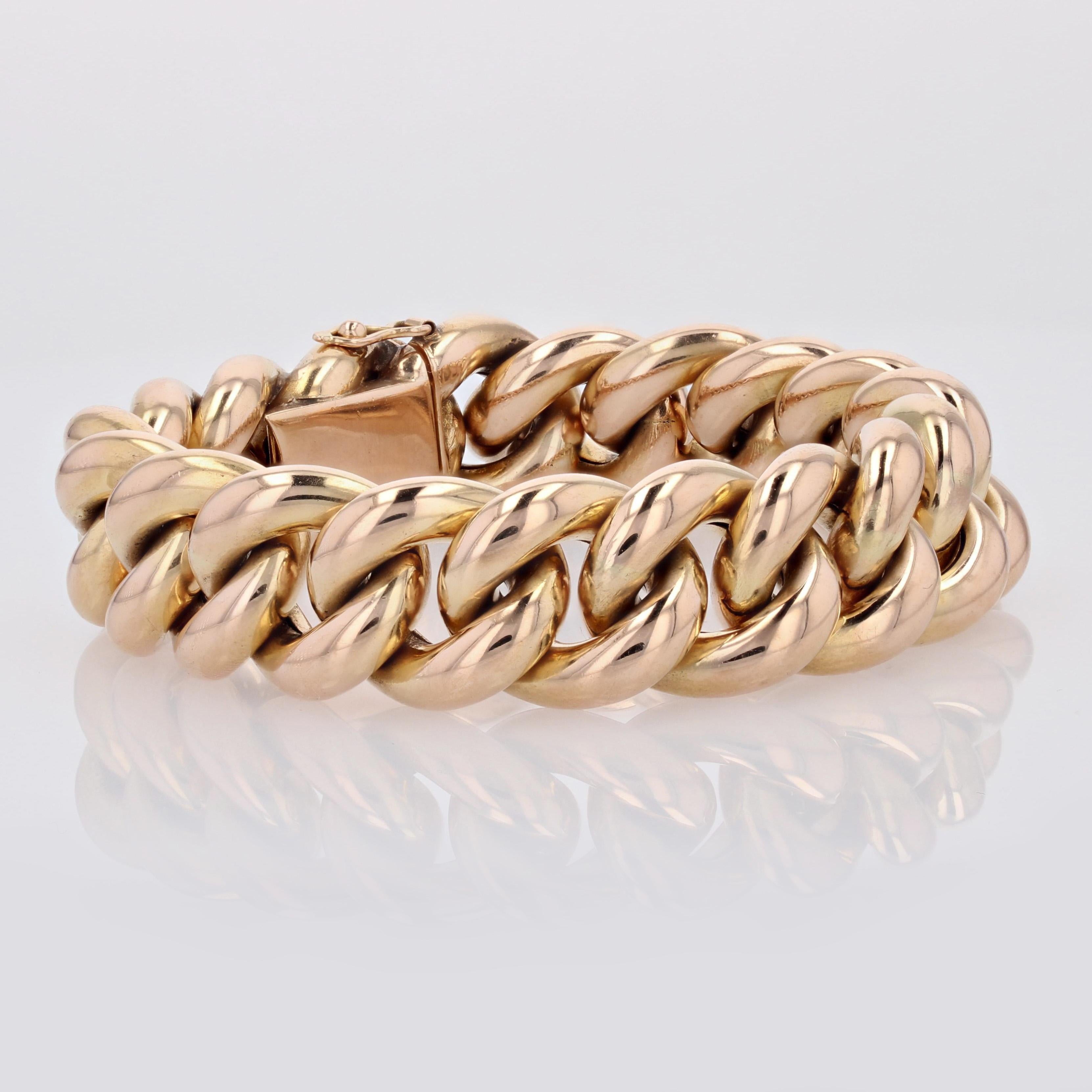 French 1950s 18 Karat Rose Gold Curb Chain Retro Bracelet For Sale 1