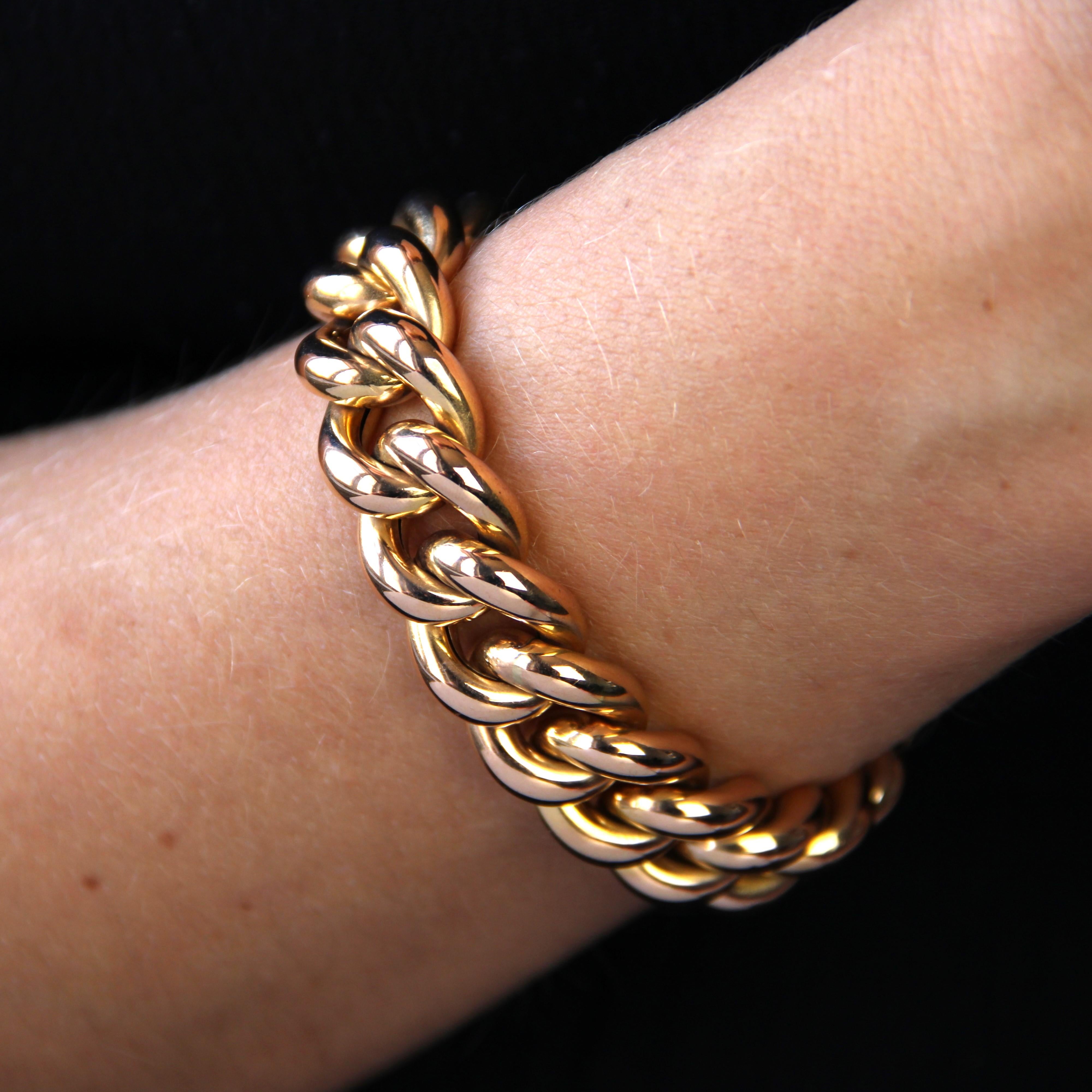 French 1950s 18 Karat Rose Gold Curb Chain Retro Bracelet For Sale 2