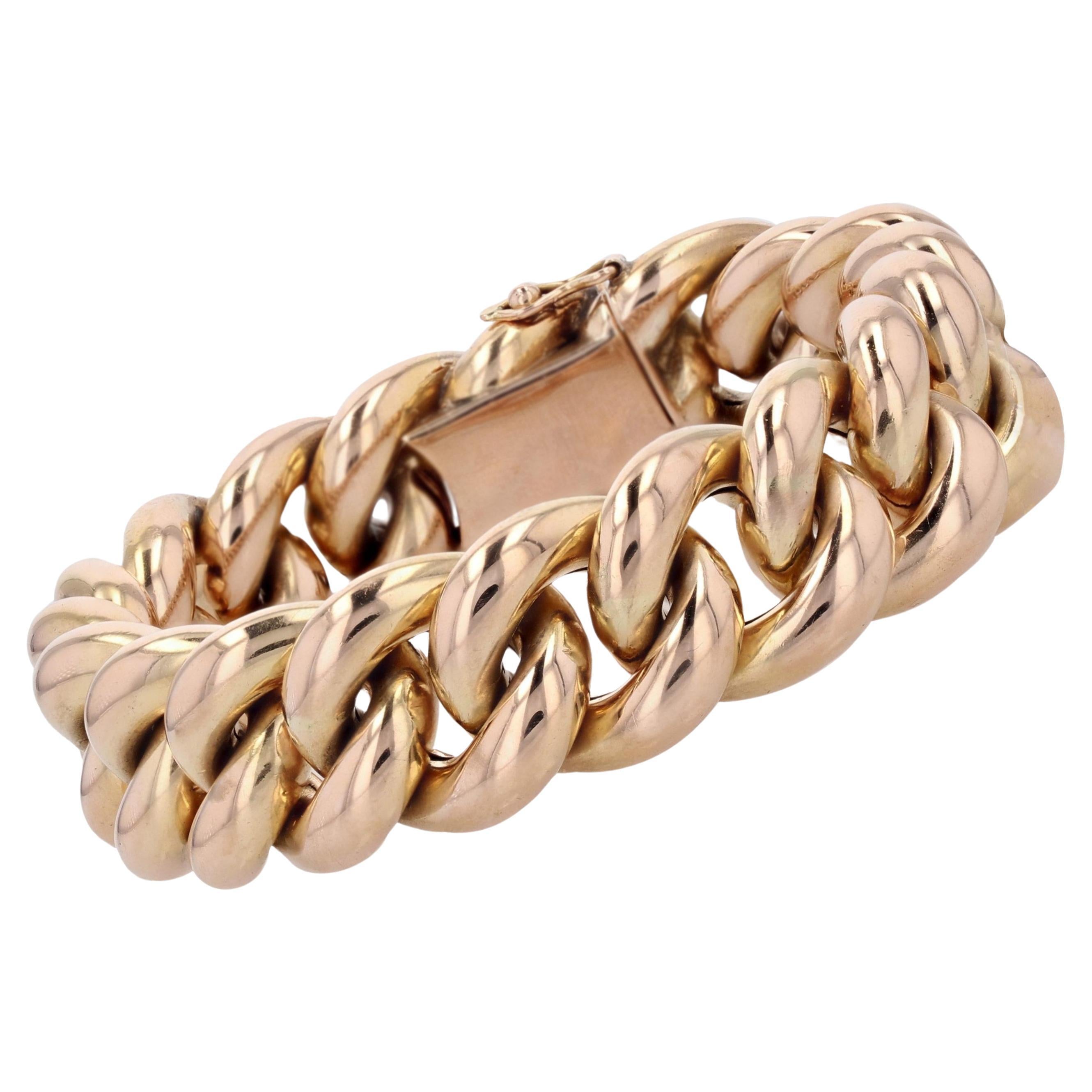 French 1950s 18 Karat Rose Gold Curb Chain Retro Bracelet For Sale