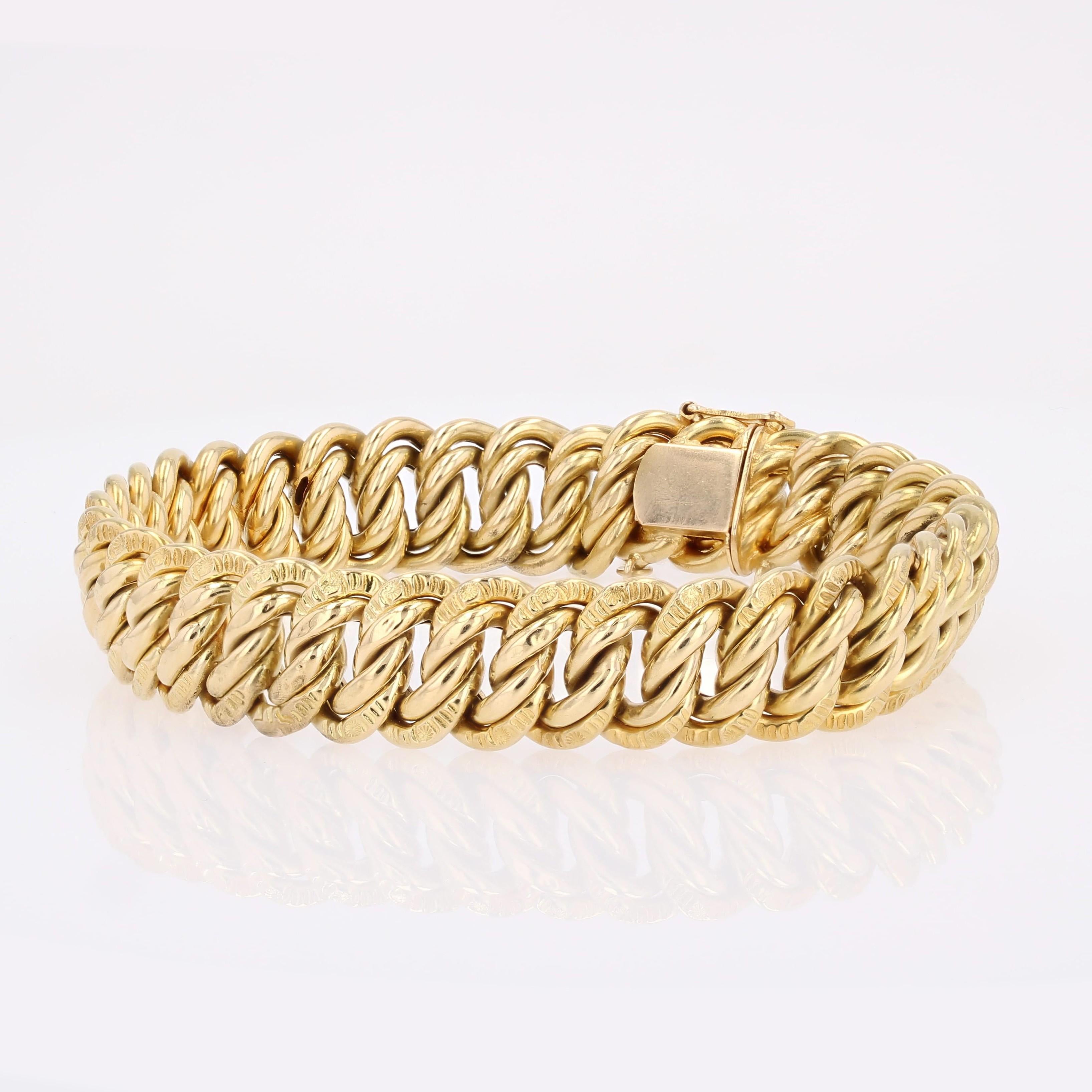 Brazalete de malla americana cincelada en oro amarillo de 18 quilates de los años 50 franceses en Bueno estado para la venta en Poitiers, FR