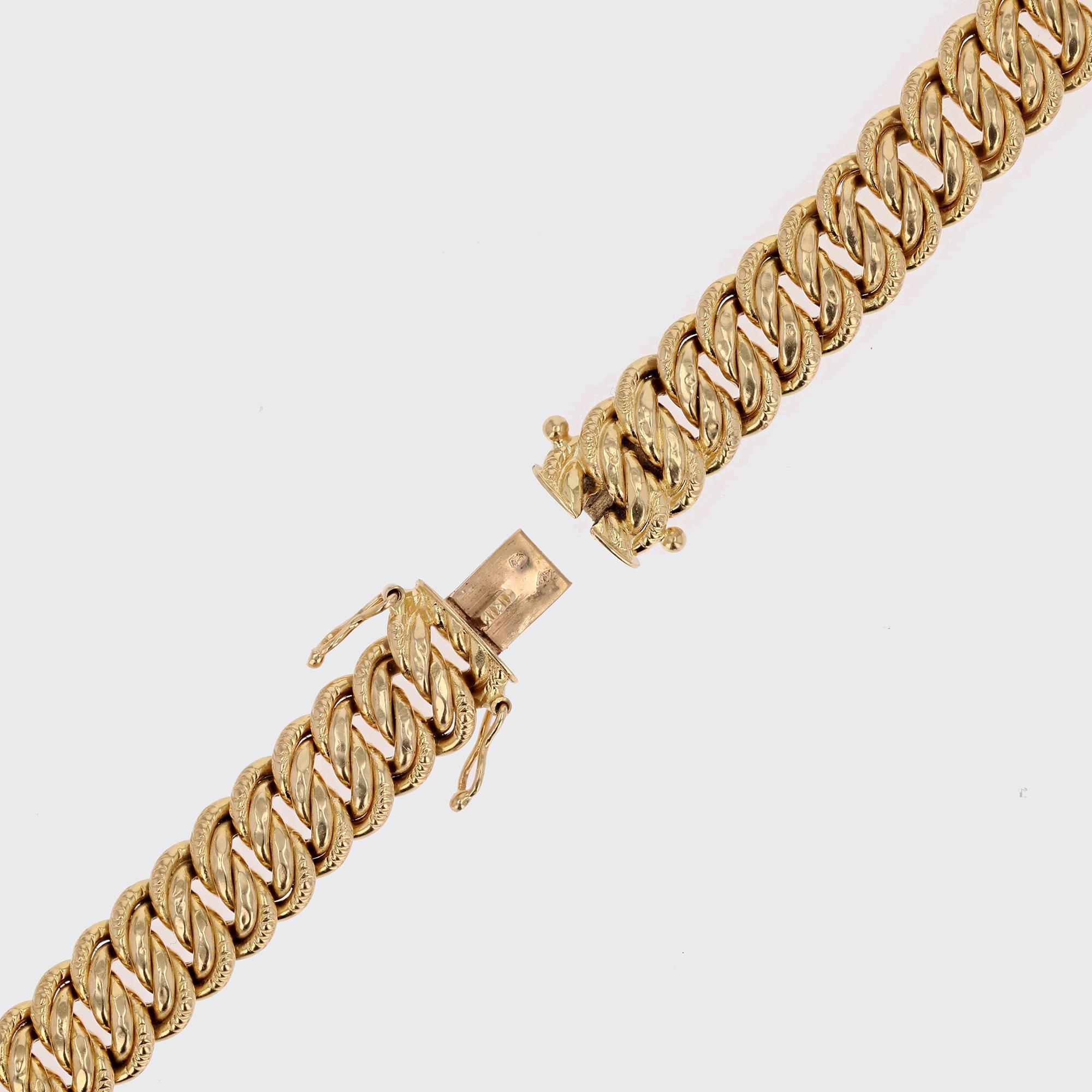 French 1950s 18 Karat Yellow Gold Chiseled Curb Retro Bracelet 5